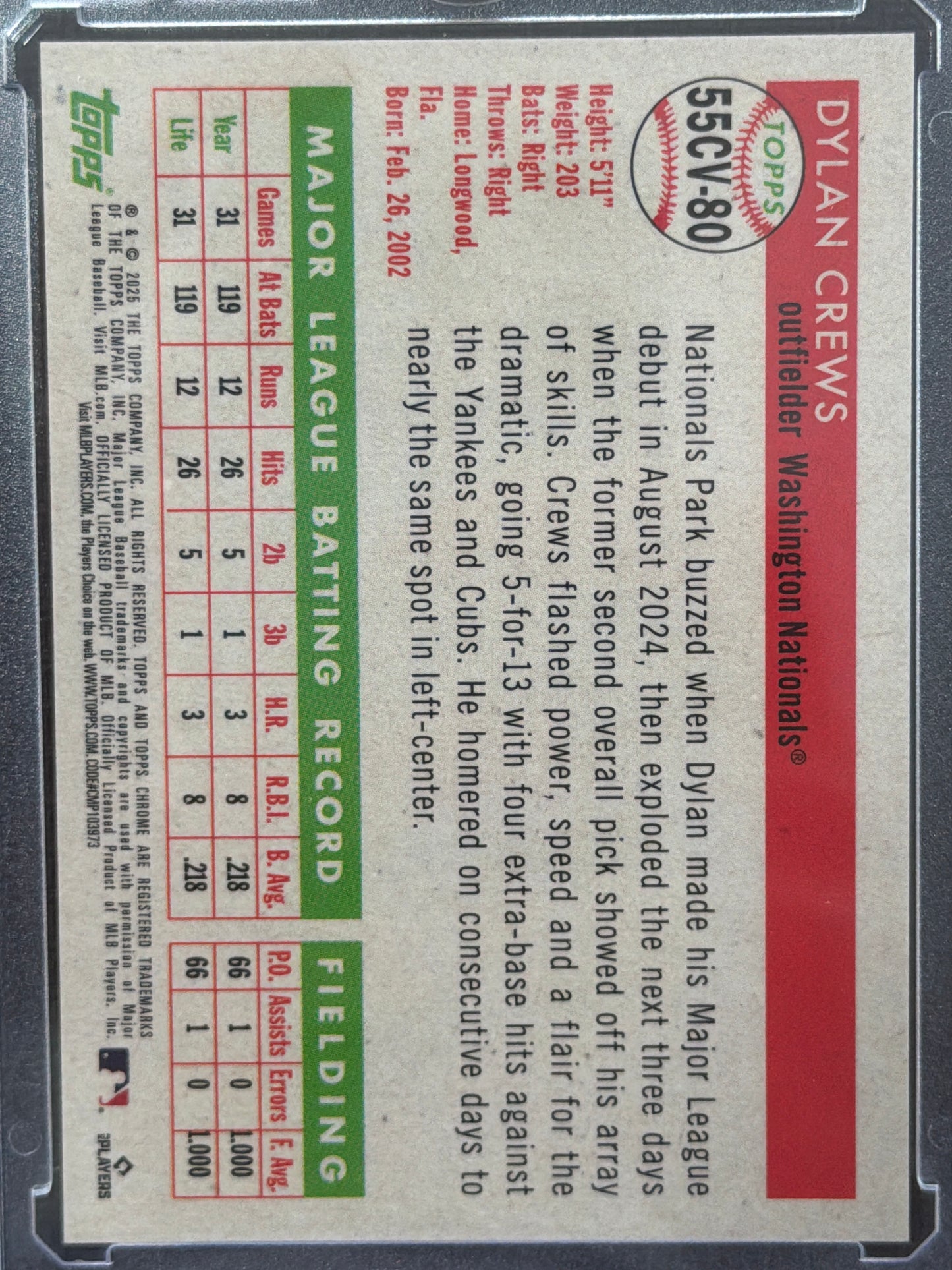 2025 Topps Chrome Update Series Dylan Crews #55CV-80 RC