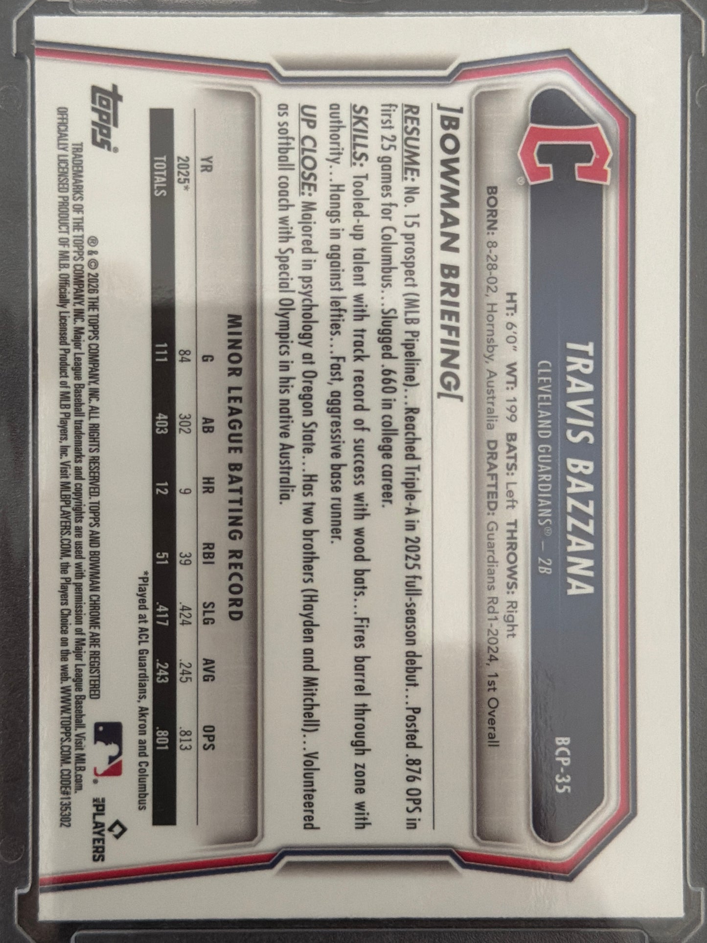 2025 Bowman Chrome Travis Bazzana #BCP-35 Gumball