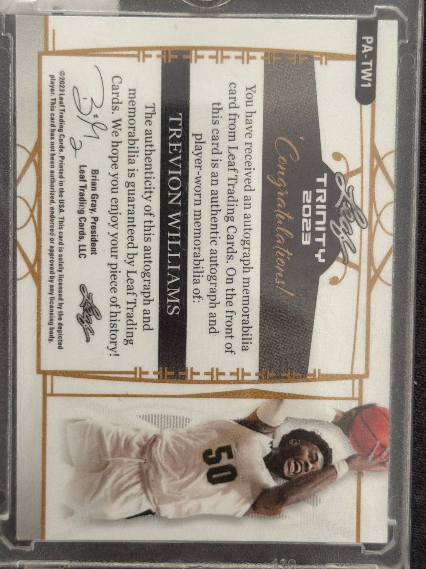 2023 Leaf Trevion Williams #PA-TW1 /15 Authentic Signature and Player-Worn Patch