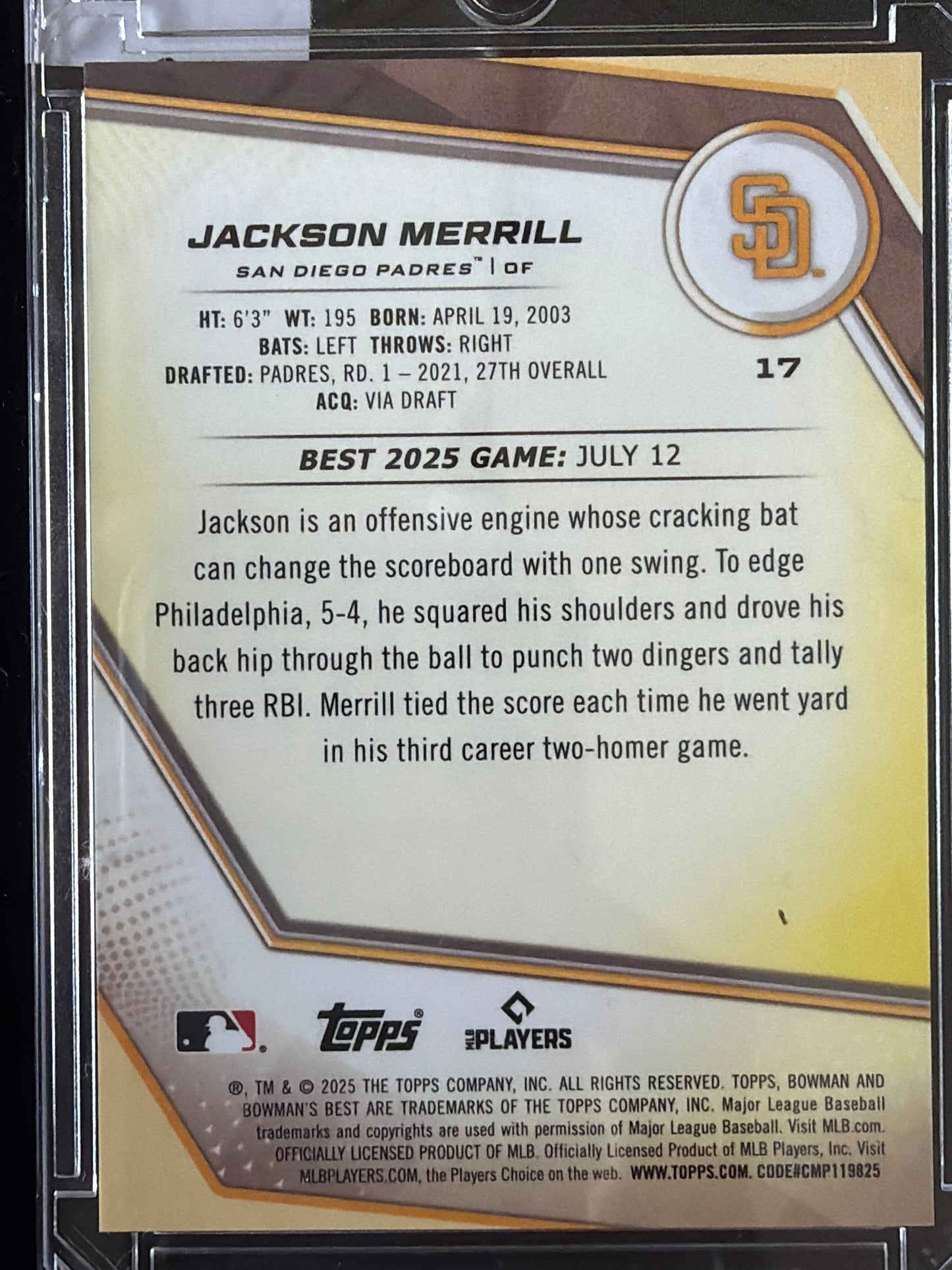 2025 Bowman's Best Jackson Merrill #17 Gold Refractor /75