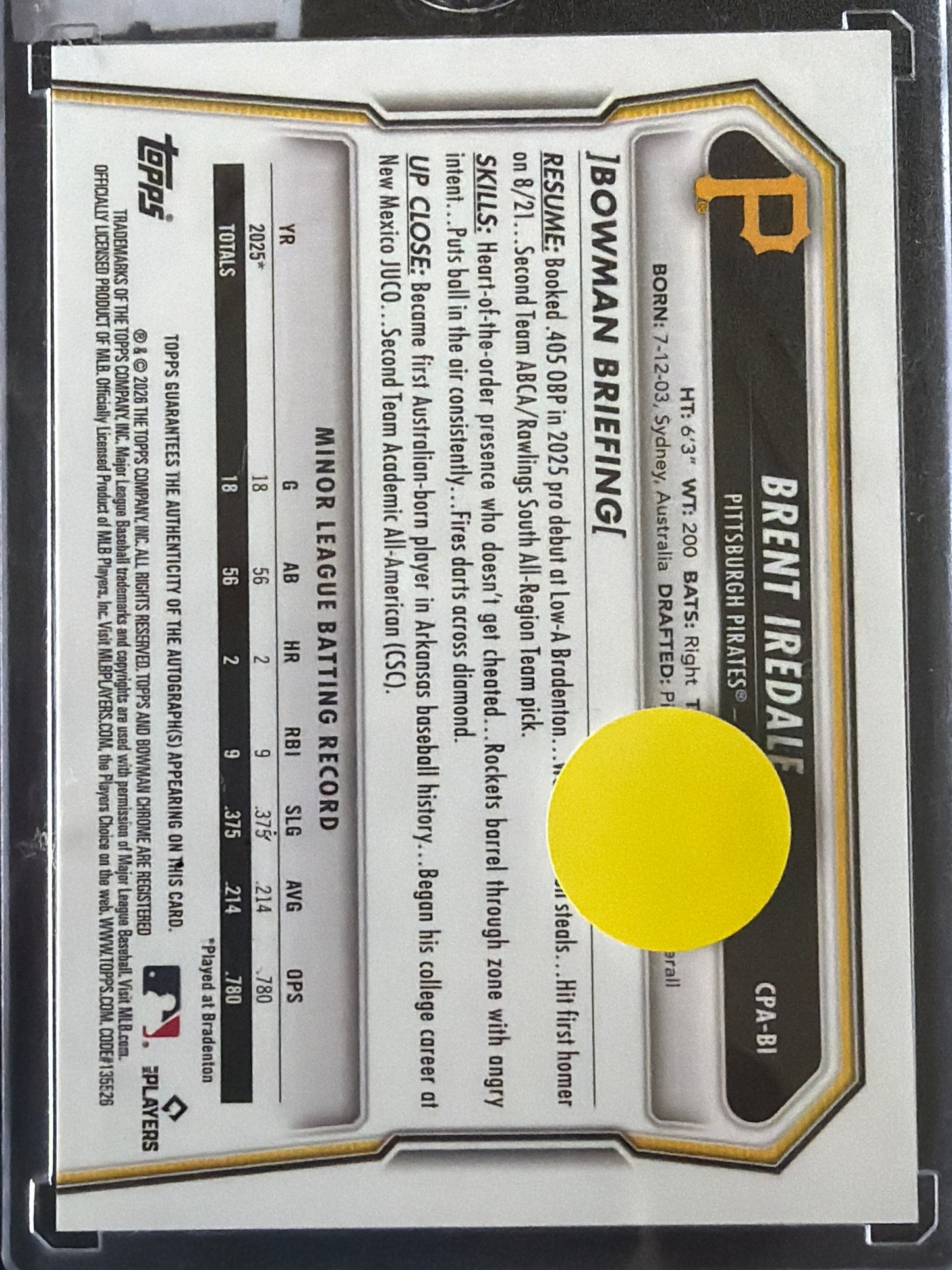 2025 Topps Bowman Chrome Brent Iredale #CPA-BI Speckle Refractor /299 1st Bowman