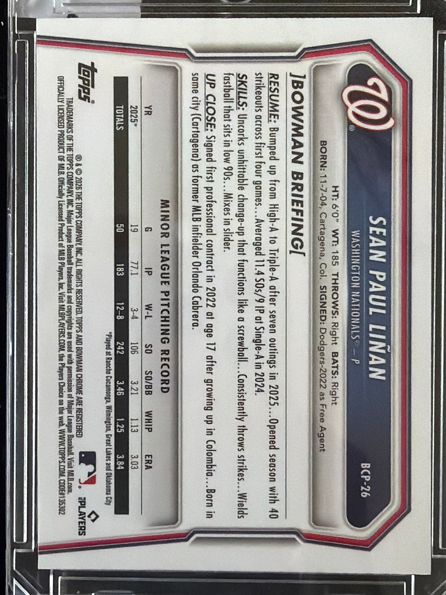 2024 Bowman Chrome Sean Paul Liñan #BCP-26 Yellow Refractor /75