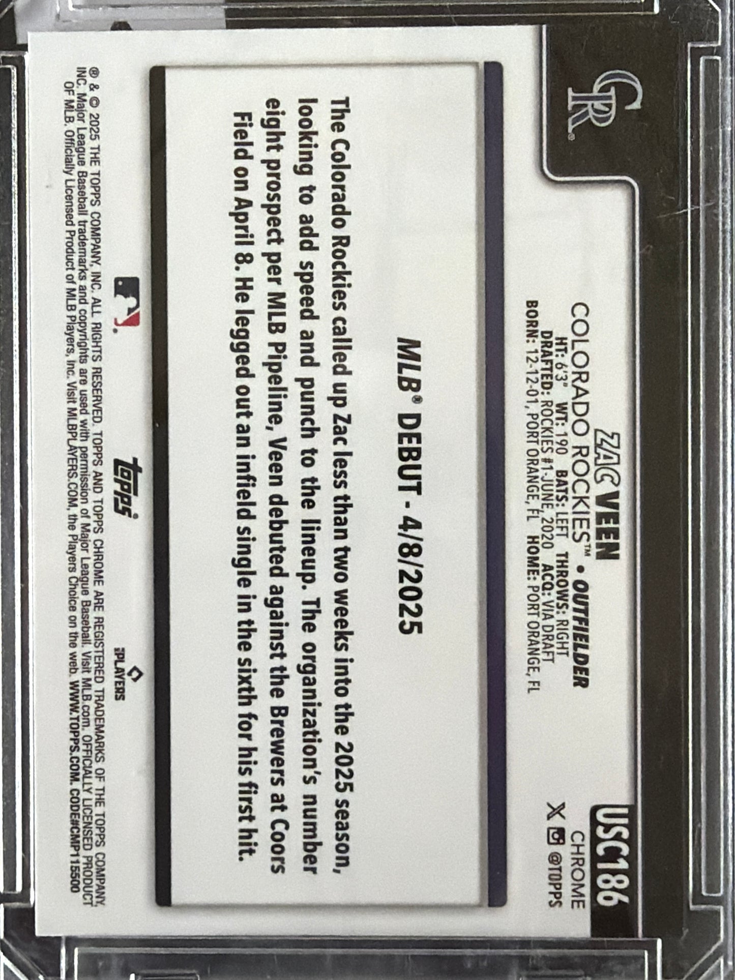 2025 Topps Chrome Zac Veen #USC186 Aqua Refractor RC