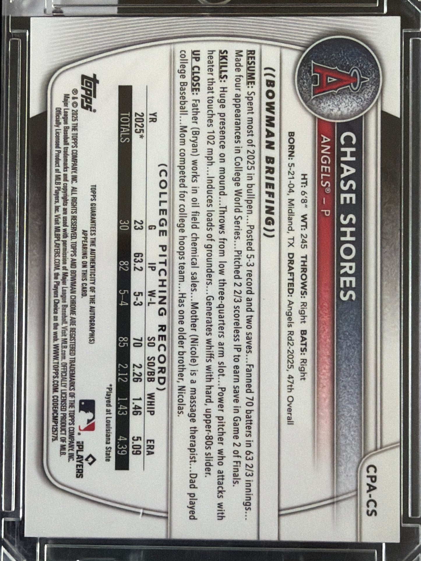 2025 Topps Bowman Chrome Chase Shores #CPA-CS 1st Bowman