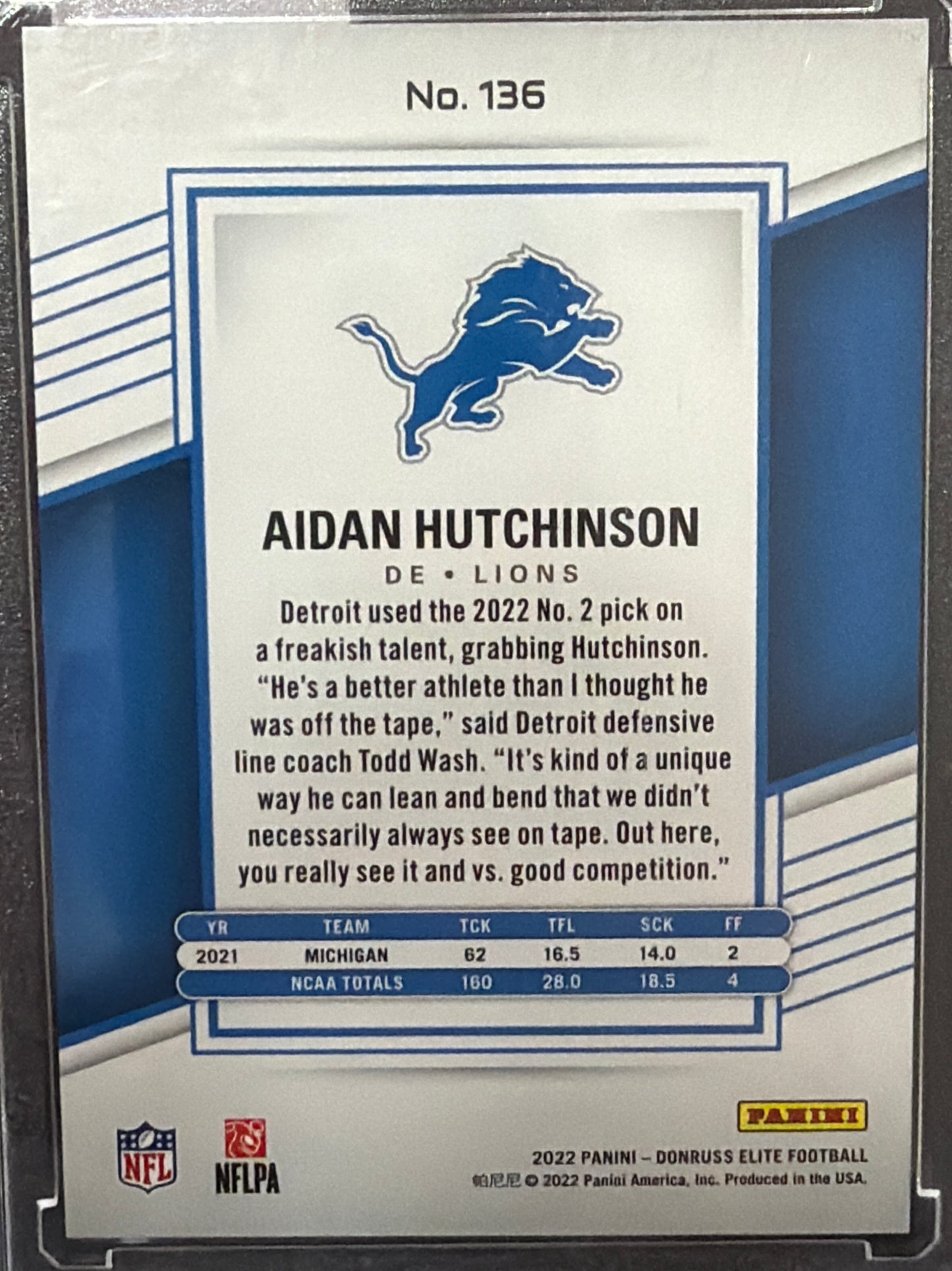 2022 Panini Donruss Elite Aidan Hutchinson #136 Purple /99 RC