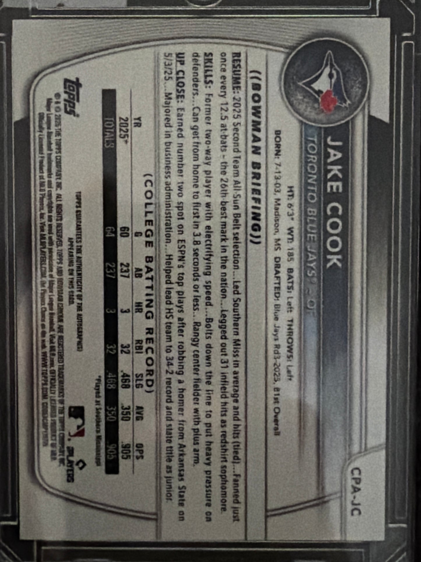 2025 Bowman Chrome Jake Cook #CPA-JC