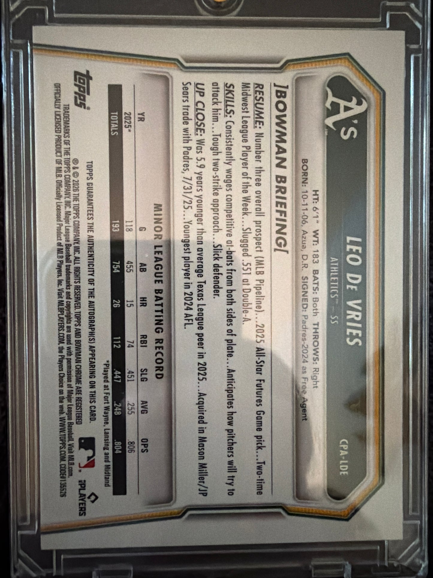 2025 Bowman Chrome Leo De Vries #CPA-LDE Blue Refractor /150