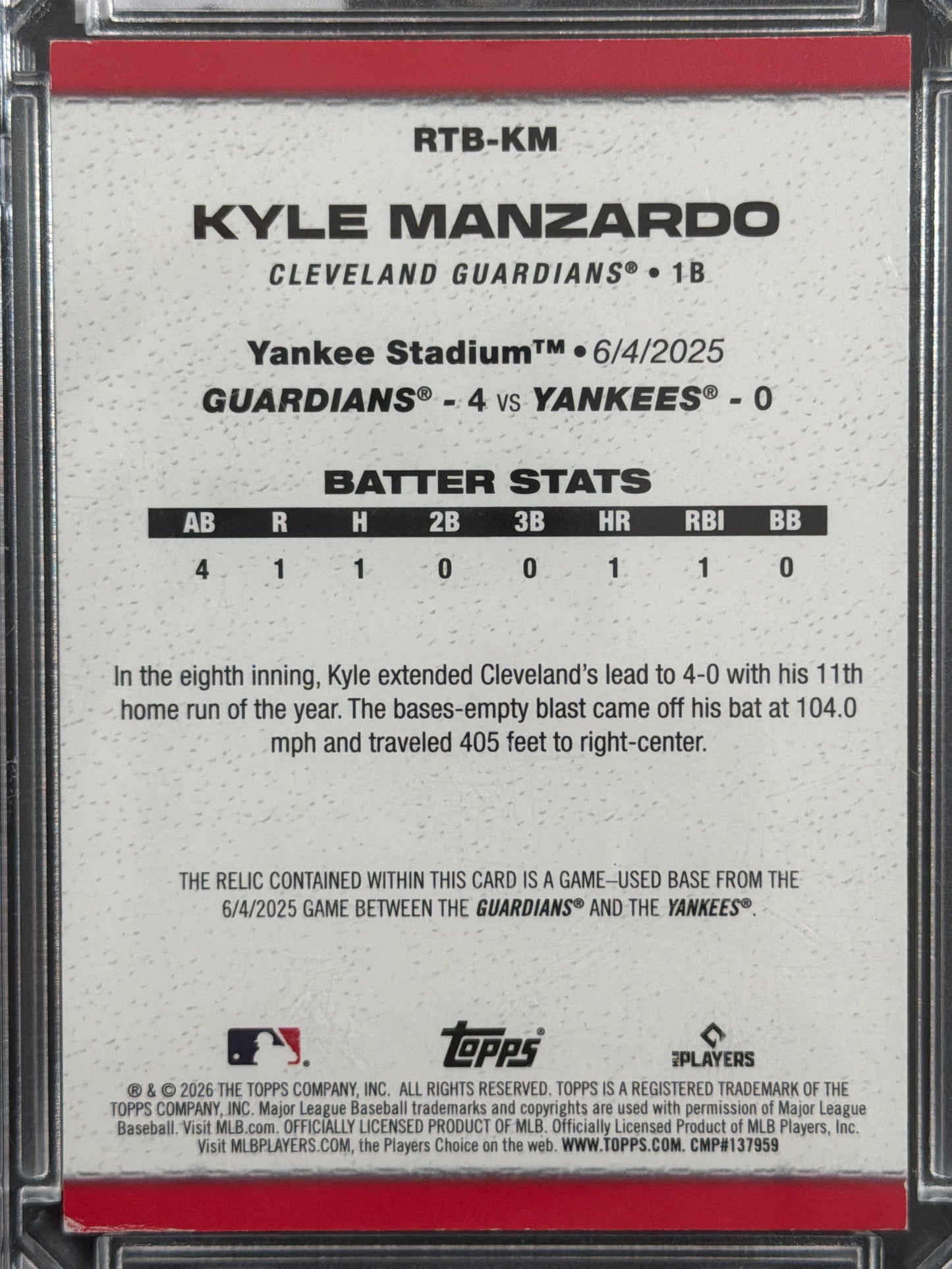 2026 Topps Relic Kyle Manzardo #RTB-KM Game-Used Memorabilia