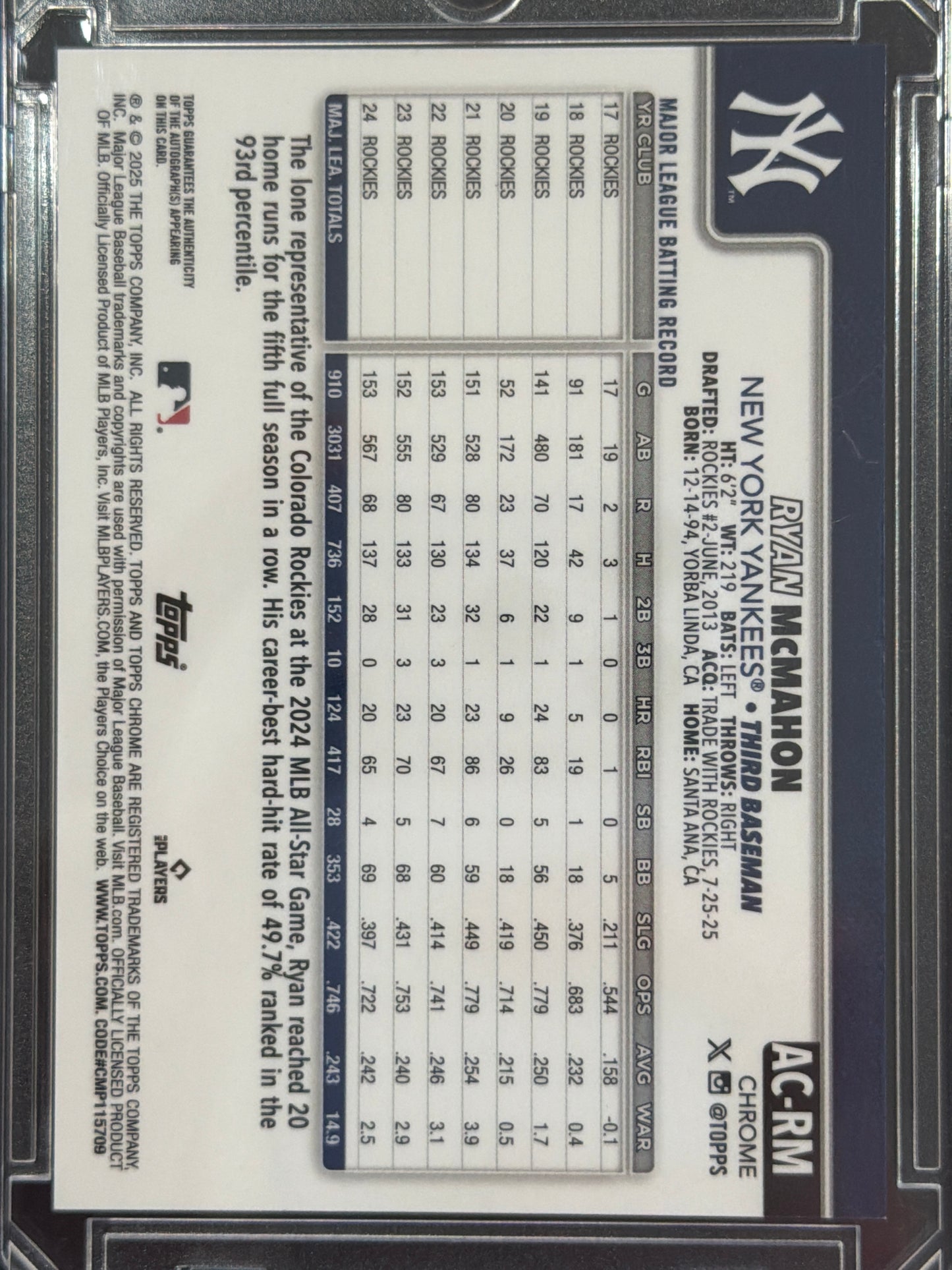 2025 Topps Chrome Ryan McMahon #AC-RM Green Refractor /99