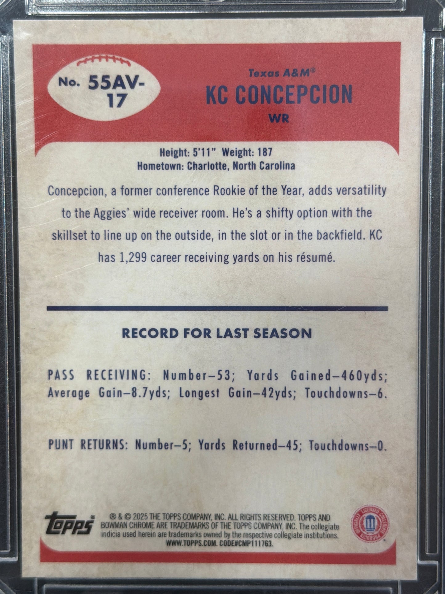 2025 Topps Bowman Chrome University KC Concepcion #55AV-17 Green Refractor /99