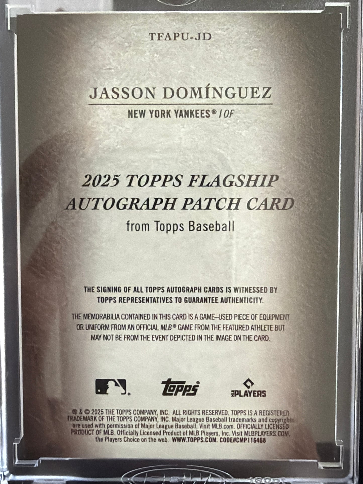 2025 Topps Flagship Jasson Domínguez #TFAPU-JD /25 Topps Certified Autograph Issue Patch Game-Used Memorabilia