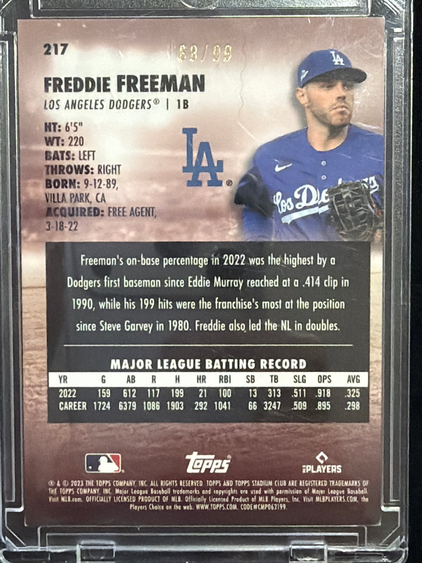 2023 Topps Stadium Club Chrome Freddie Freeman #217 Gold Refractor /99