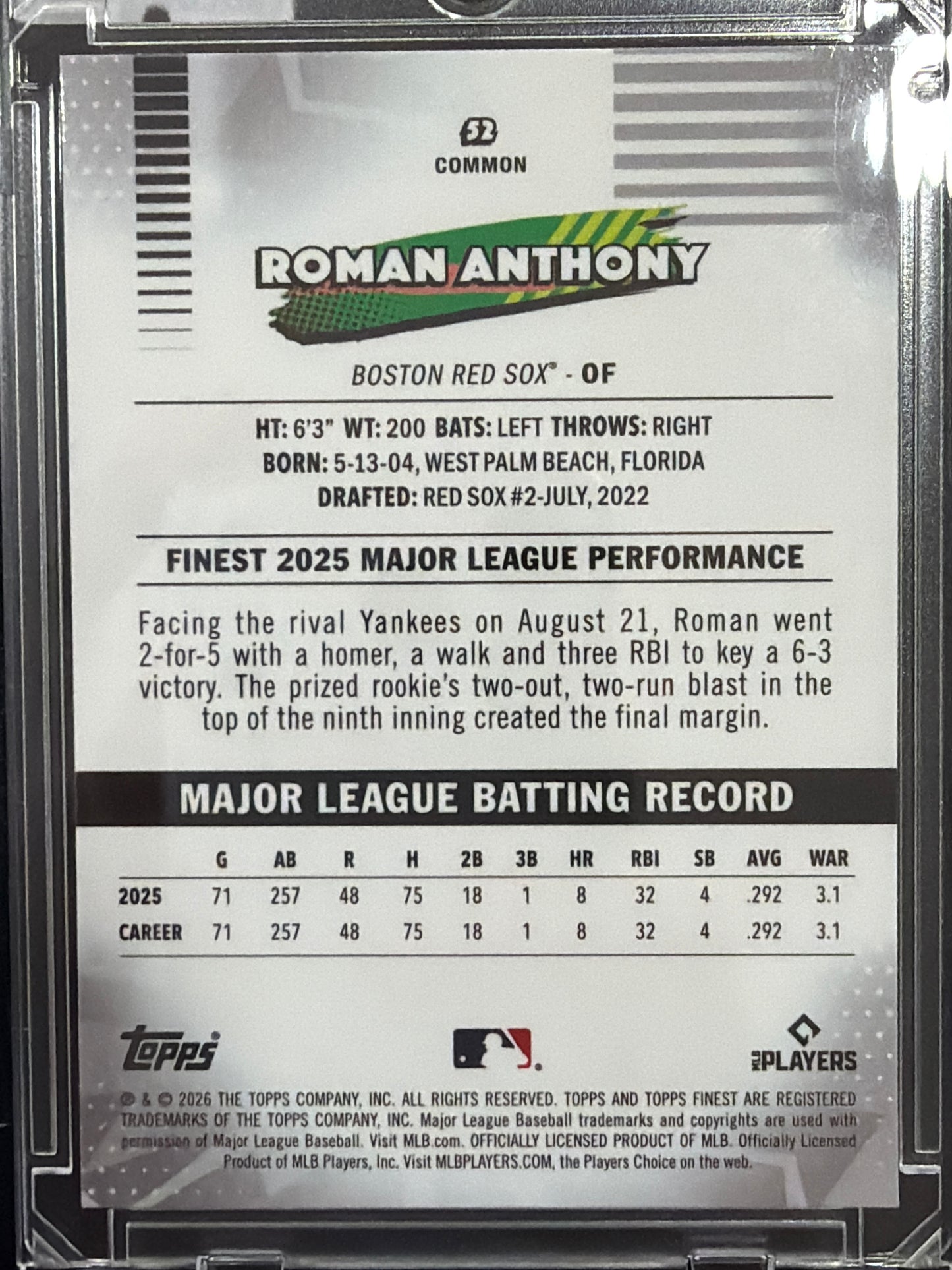 2026 Topps Finest Roman Anthony #52 Green Speckle Refractor /199 RC