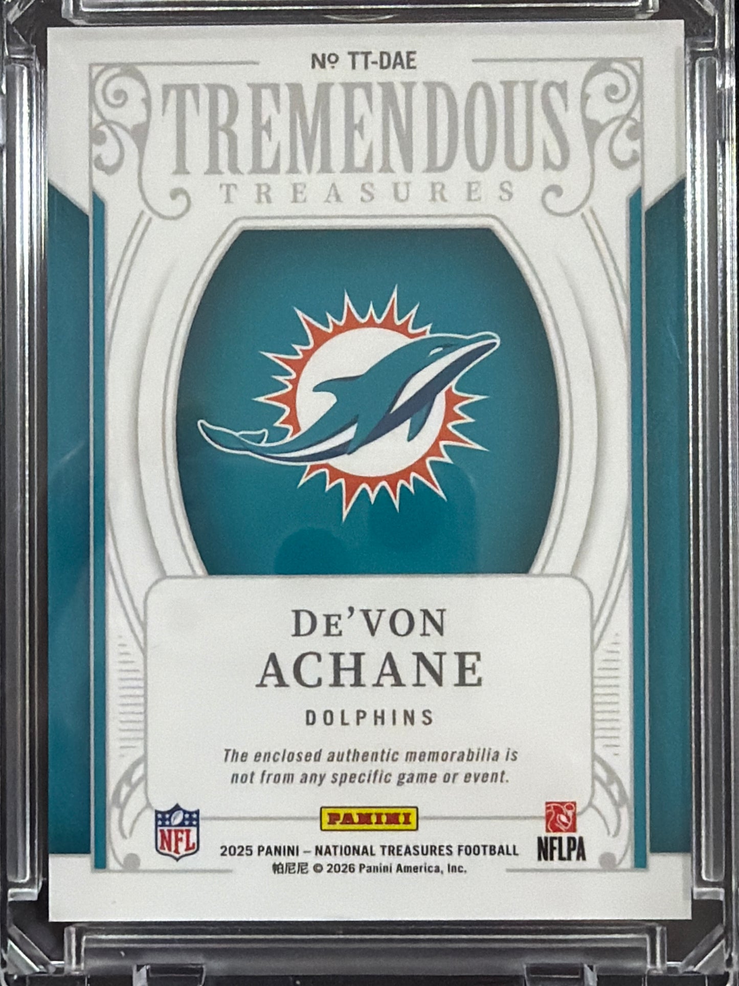 2026 Panini Treasures Tremendous Treasures De'Von Achane #TT-DAE Memorabilia