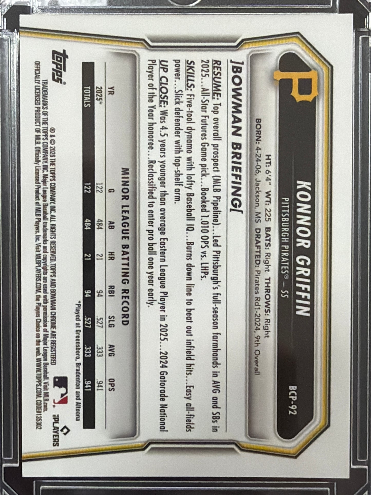 2024 Bowman Chrome Konnor Griffin #BCP-92 Gold Refractor /50