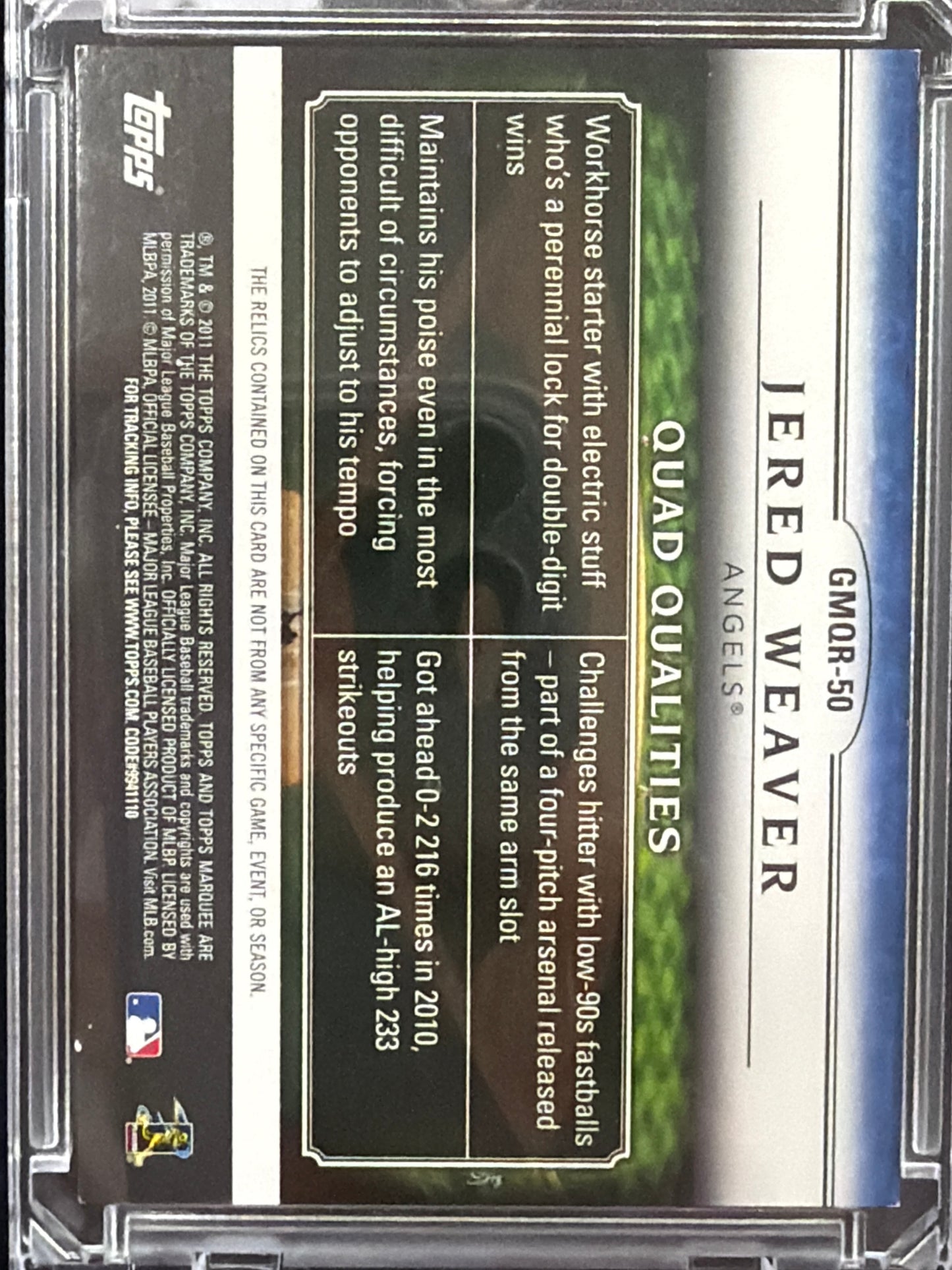 2011 Topps Marquee Mementos Jered Weaver #GMQR-50 /25 Quad Jersey Patch Relic