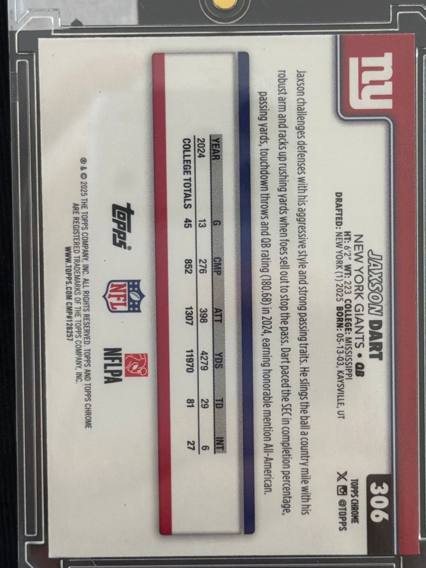 2025 Topps Chrome Jaxson Dart #306 RC