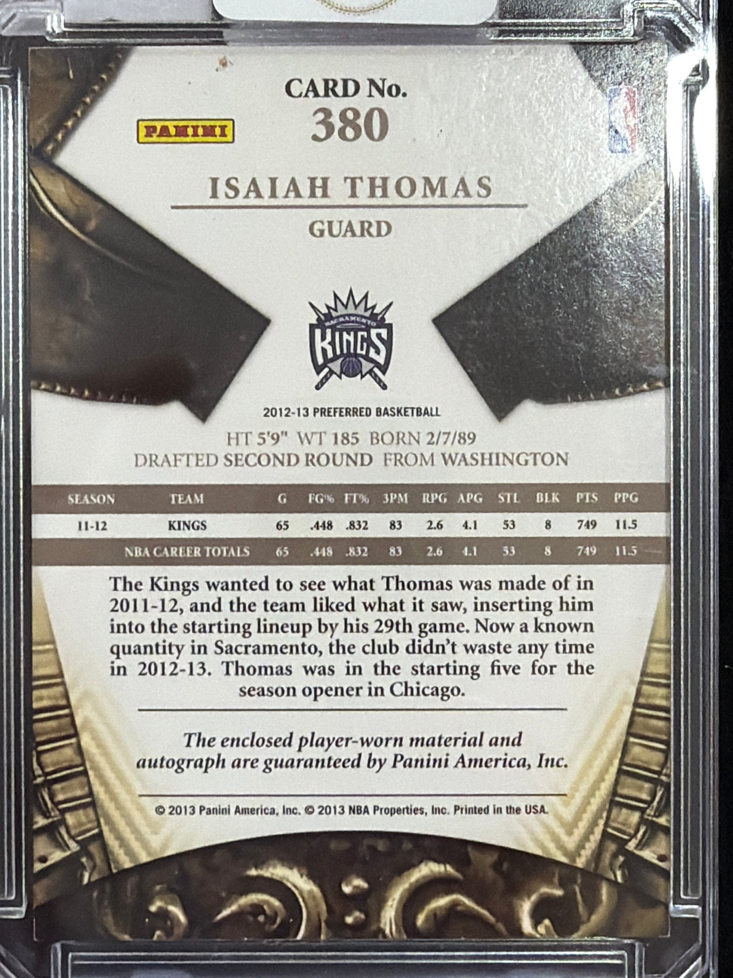 2013 Panini Crown Royale Rookie Silhouettes Isaiah Thomas #380 Jersey Patch