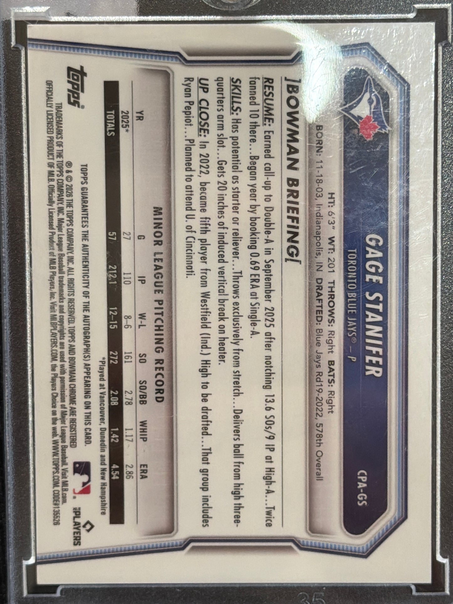 2025 Topps Bowman Gage Stanifer #CPA-GS Green Shimmer Refractor /99 1st Bowman