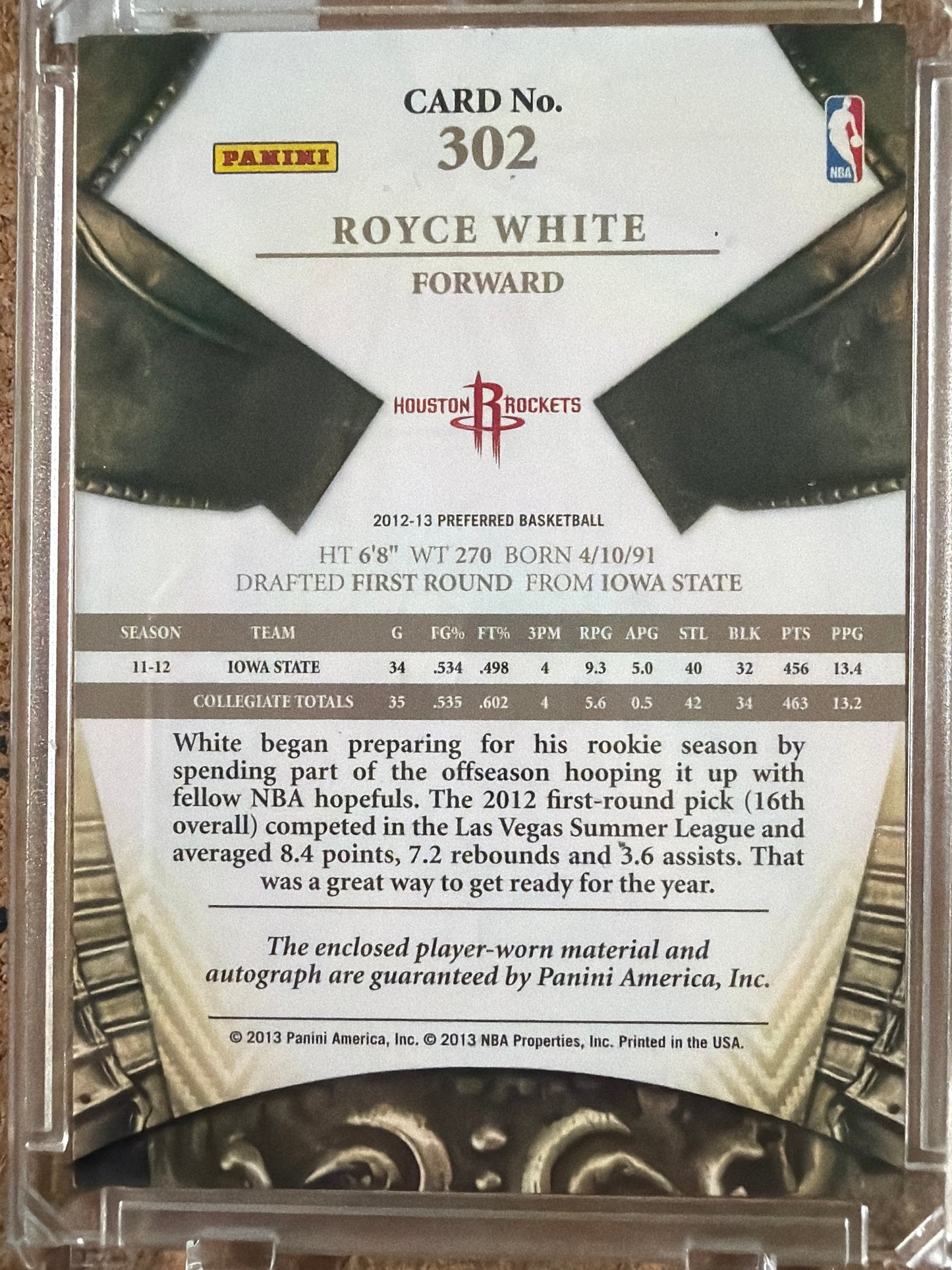 2013 Panini Crown Royale Rookie Silhouettes Royce White #302 Jersey Patch