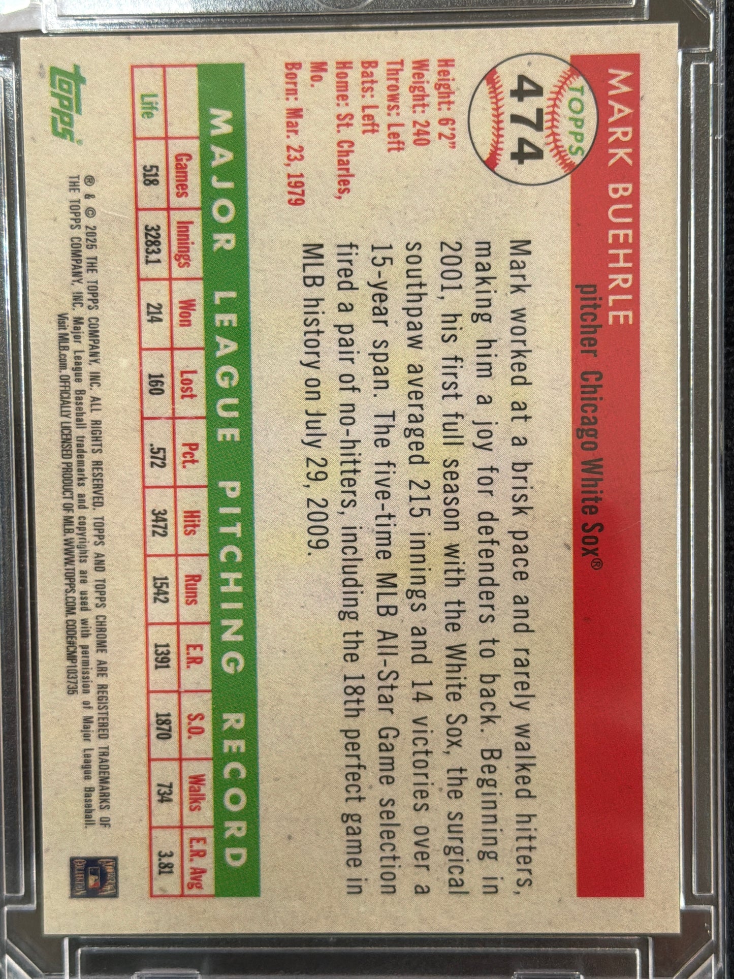 2025 Topps Chrome Mark Buehrle #474 Gold Refractor