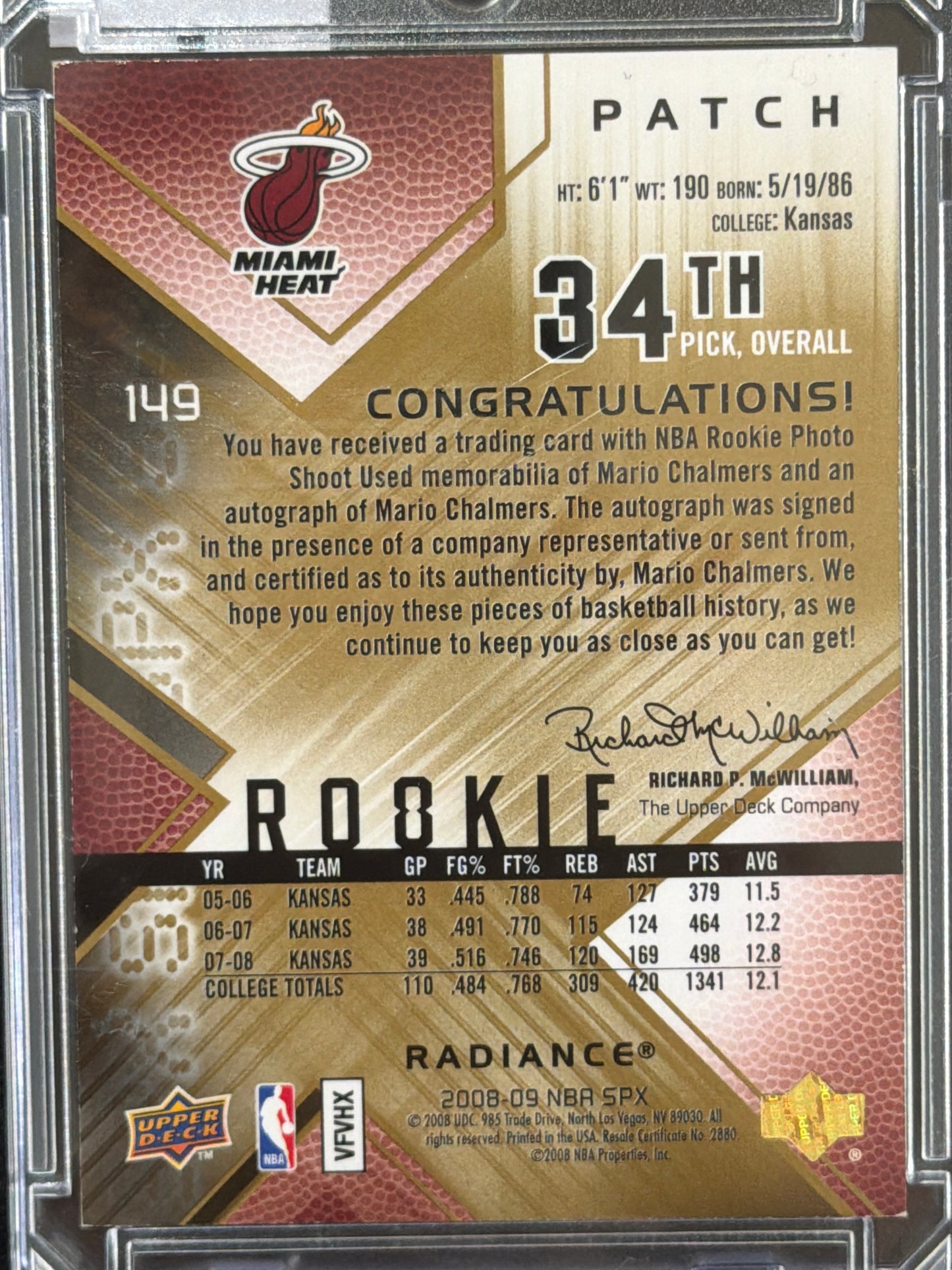 2008 Upper Deck SPx Radiance Mario Chalmers #149 /25 Patch Memorabilia