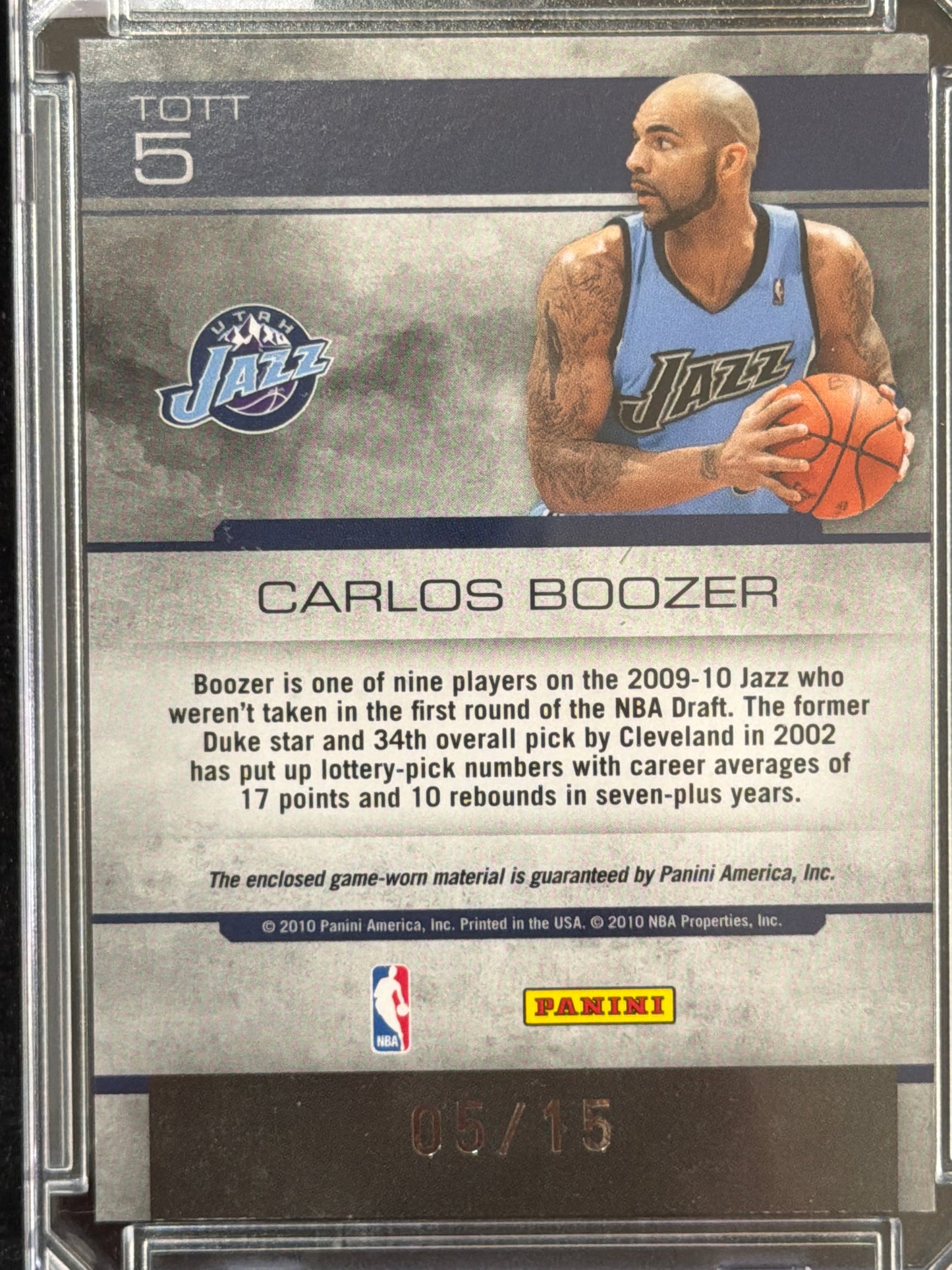 2010 Panini Carlos Boozer #TOTT 5 Prime /15 Dual Patch Game-worn material