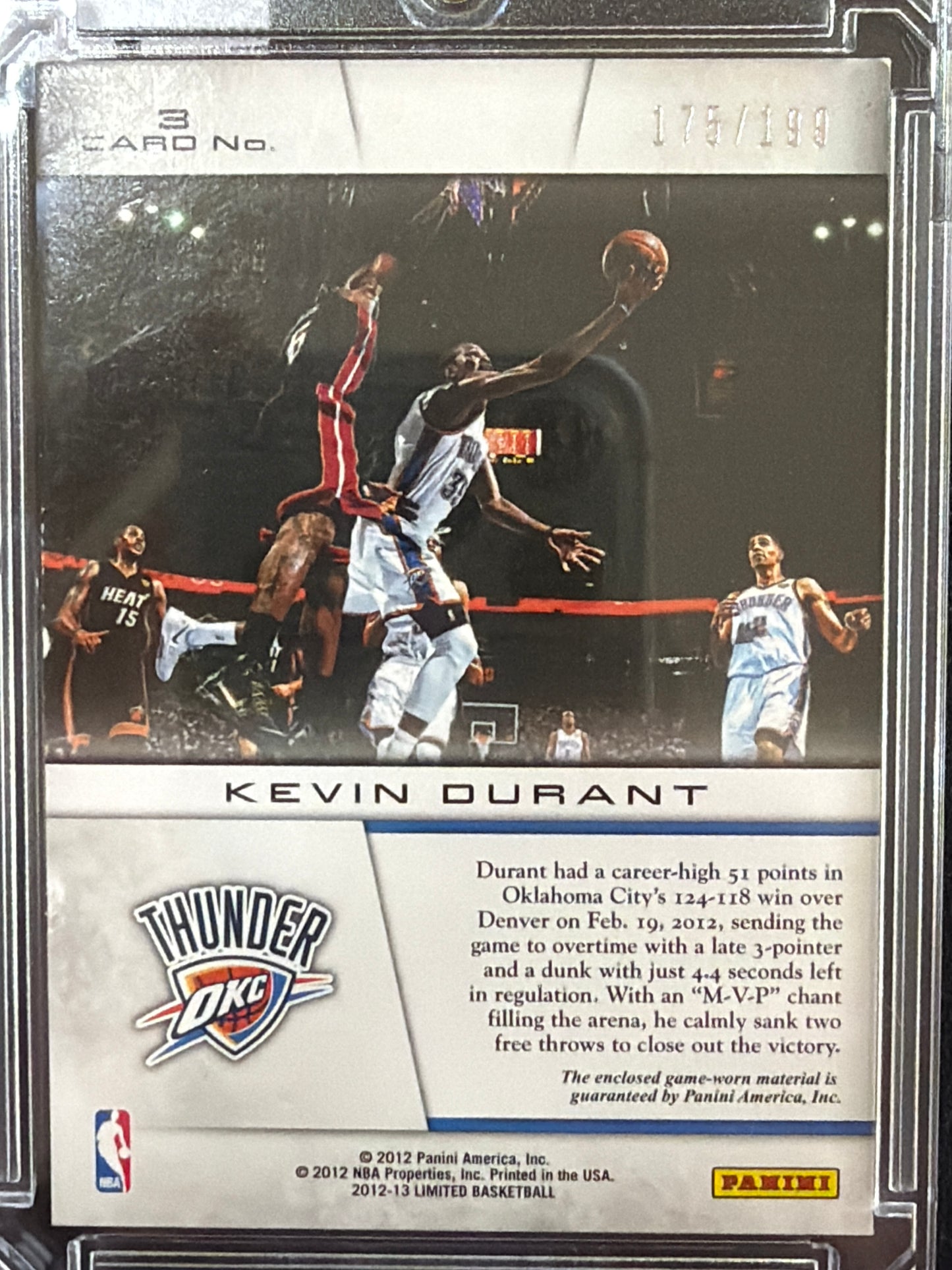 2012 Panini Limited Lights Out Kevin Durant #3 Game-worn material