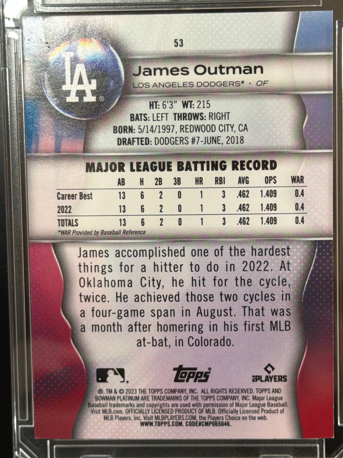 2023 Topps Bowman Platinum James Outman #53 Pink /50 RC