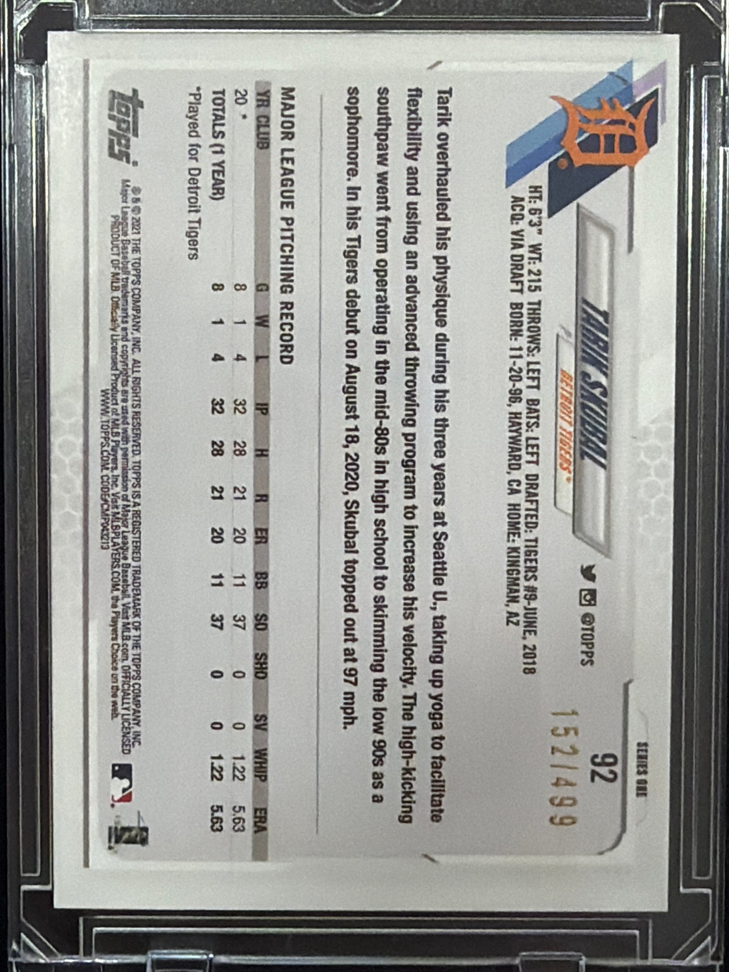 2021 Topps Tarik Skubal #92 Green Ice Foil /499 RC