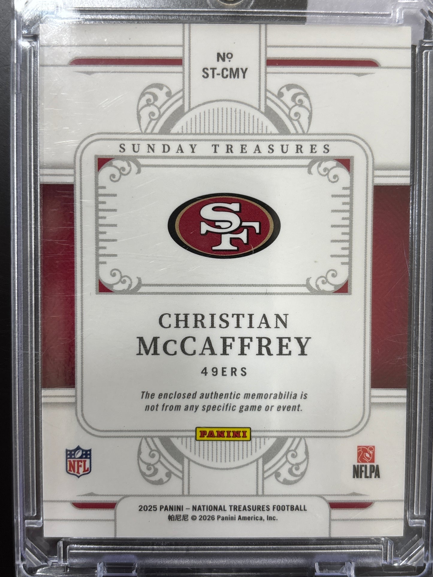 2025 Panini Treasures Christian McCaffrey #ST-CMY /99 Memorabilia Dual Patch