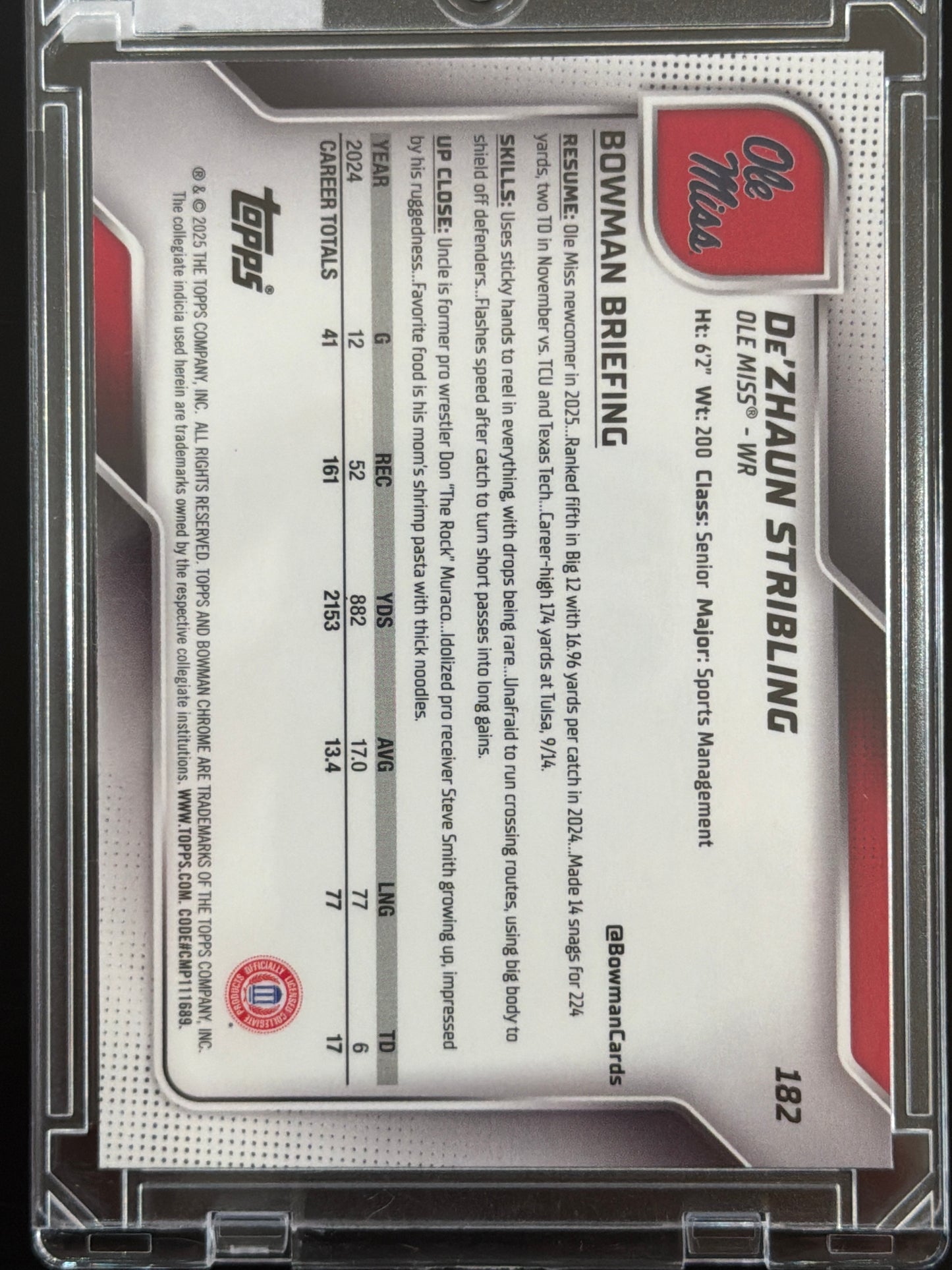 2025 Bowman Chrome University De'Zhaun Stribling #182 Blue Sapphire