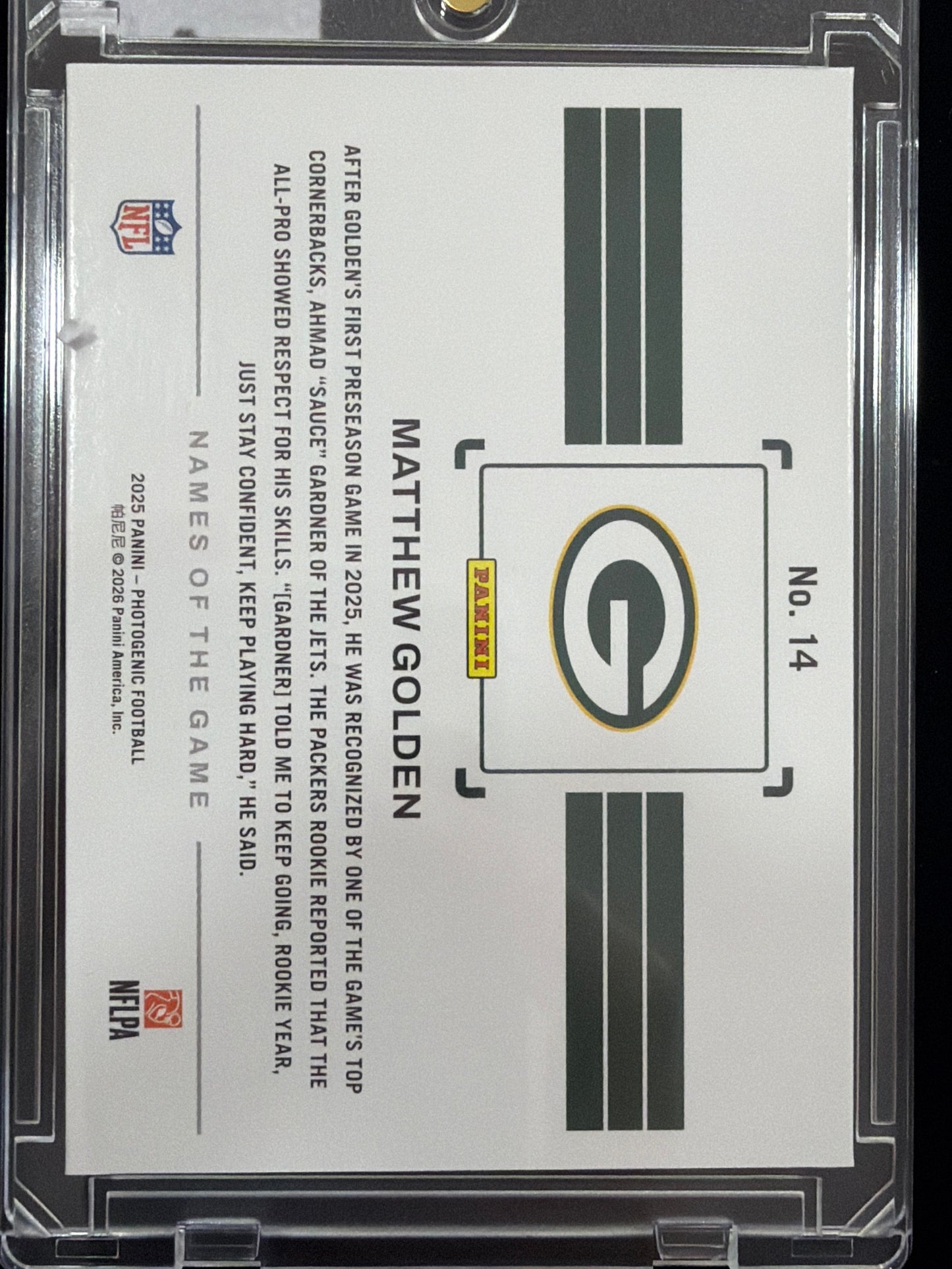 2025 Panini Photogenic Names of the Game Matthew Golden #14 RC