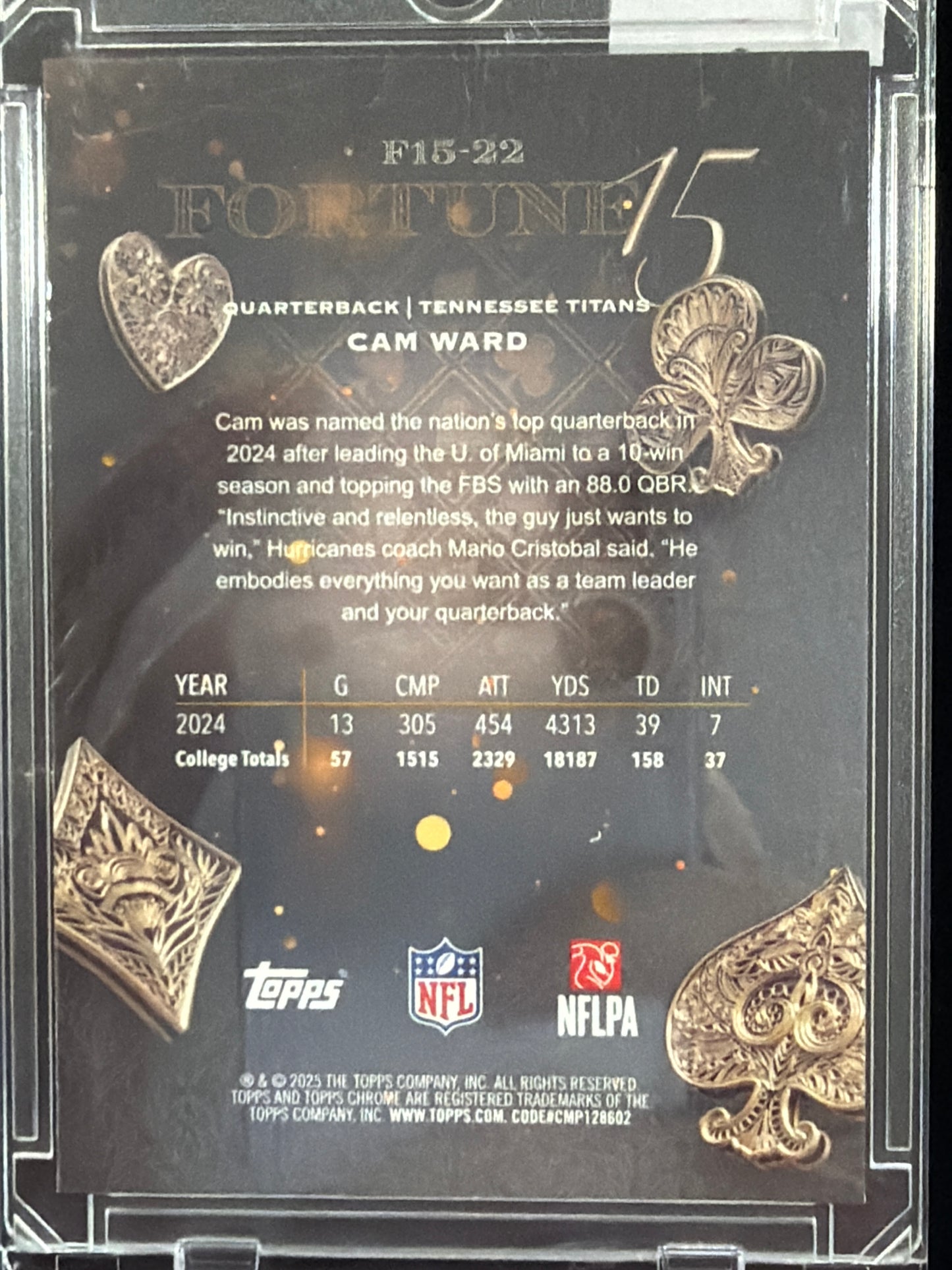 2025 Topps Chrome Fortune 15 Cam Ward #F15-22 /275 RC