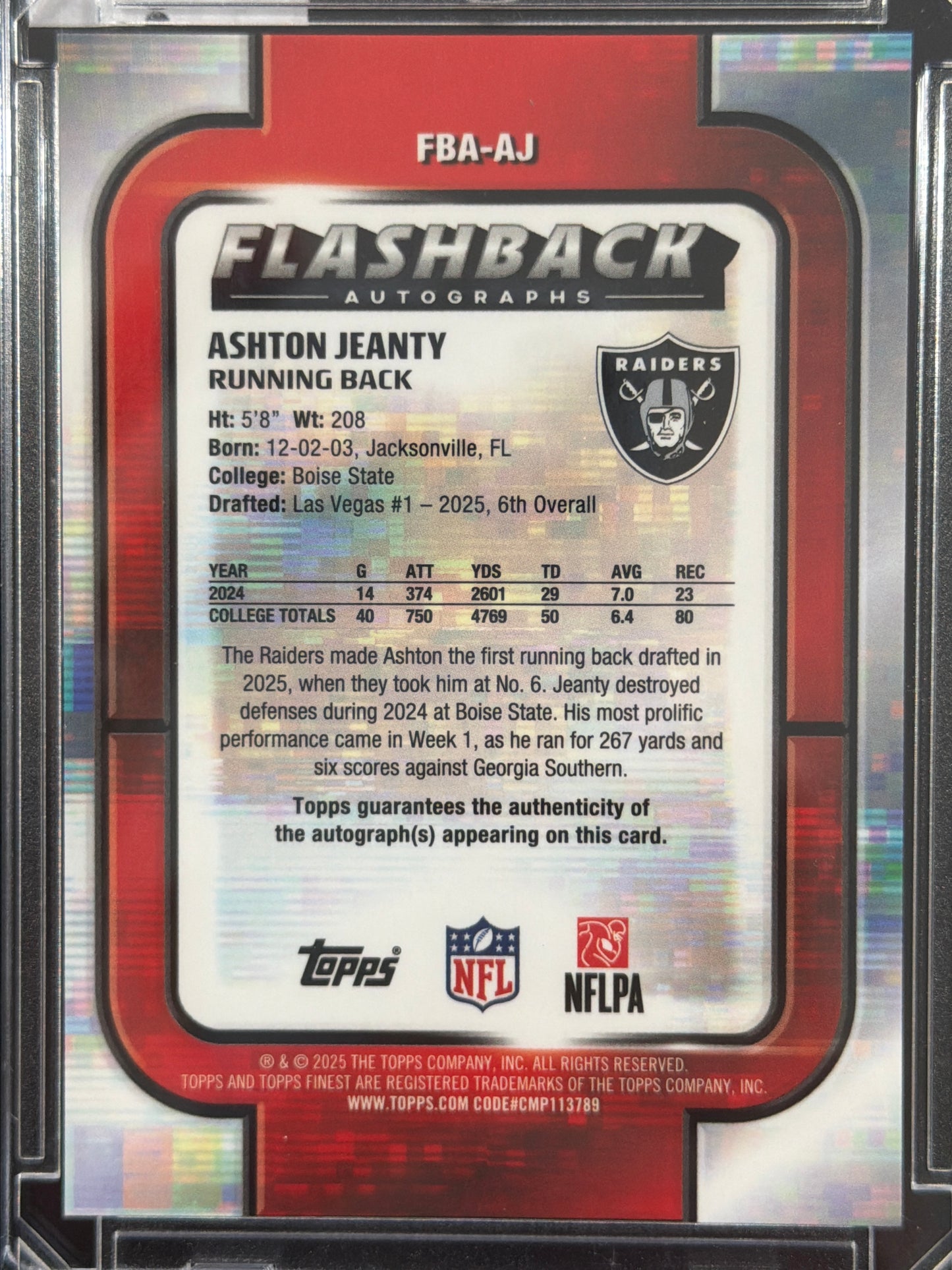 2025 Topps Finest Flashback Autographs Ashton Jeanty #FBA-AJ RC