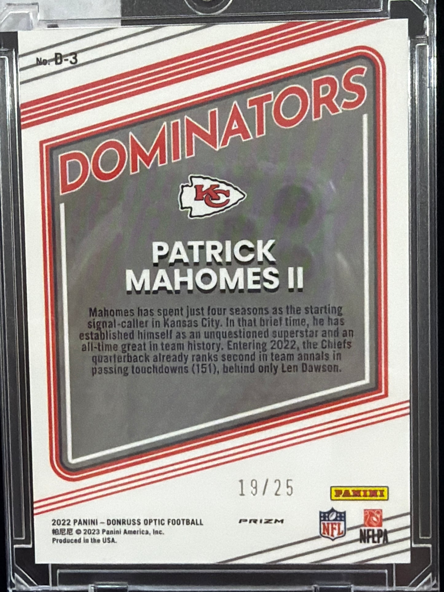 2023 Panini Donruss Optic Dominators Patrick Mahomes II #D-3 Red Pandora /25