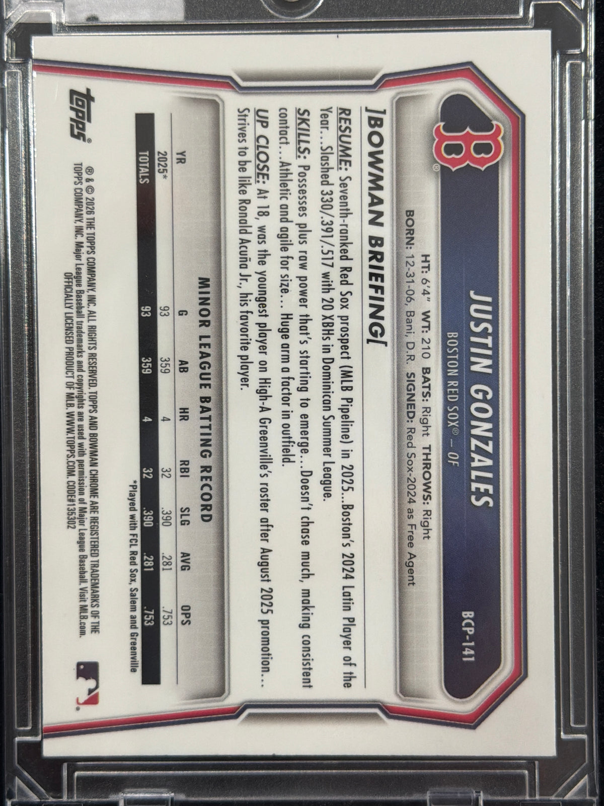 2026 Bowman Chrome Justin Gonzales #BCP-141 Steel Refractor /100