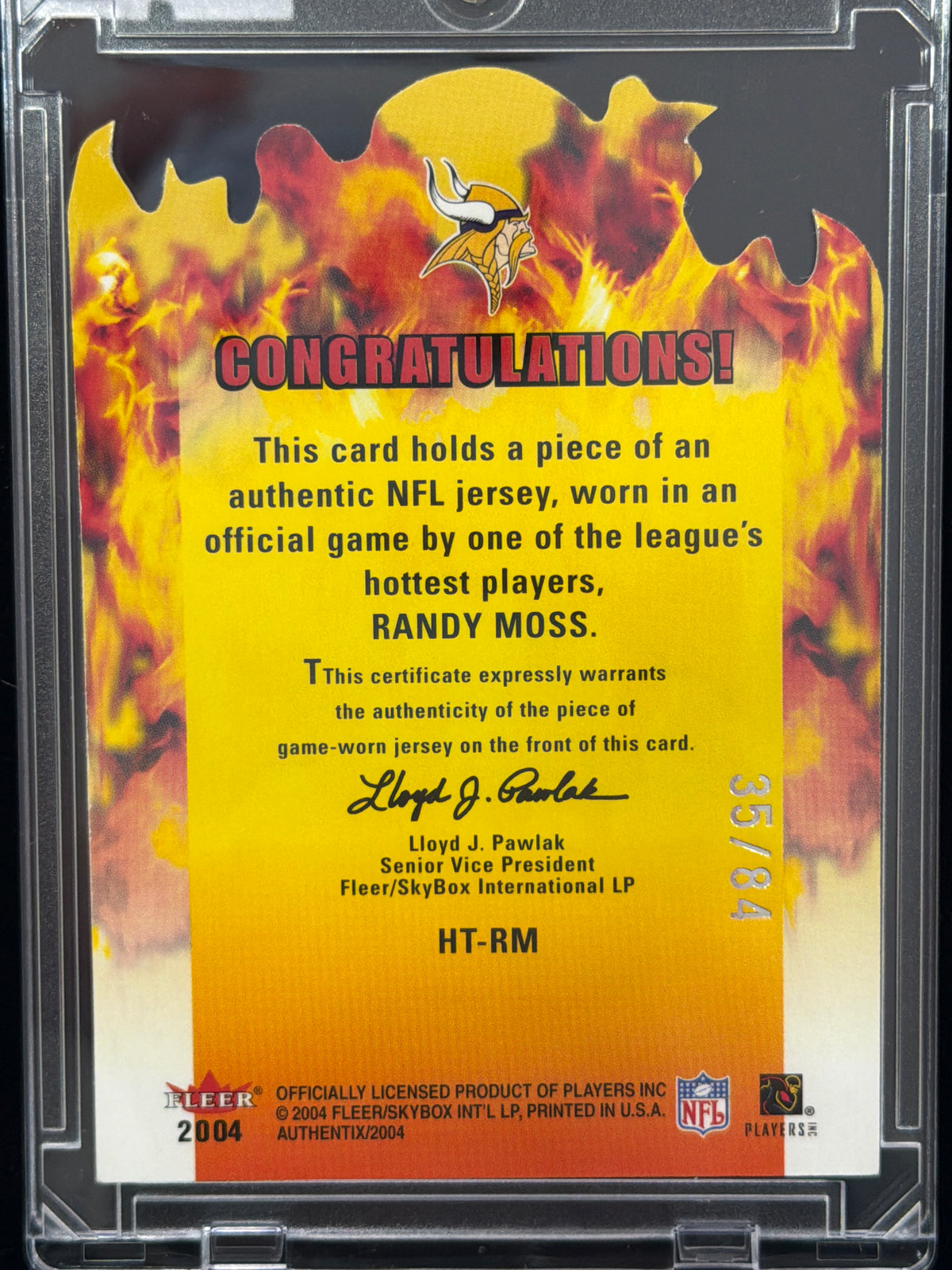 2004 Fleer Authentix Hot Ticket Randy Moss #HT-RM /84 Game-Worn Patch Memorabilia