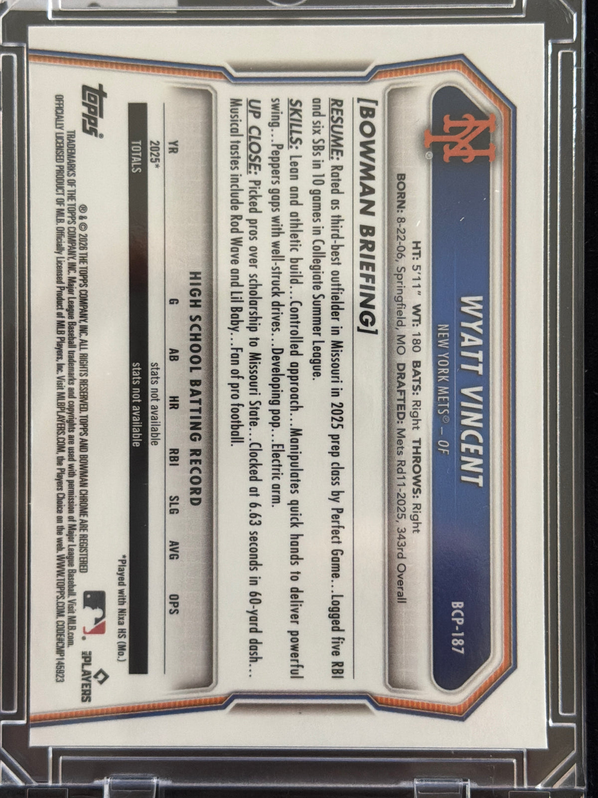 2026 Bowman Chrome Wyatt Vincent #BCP-187 Blue Wave Refractor /150