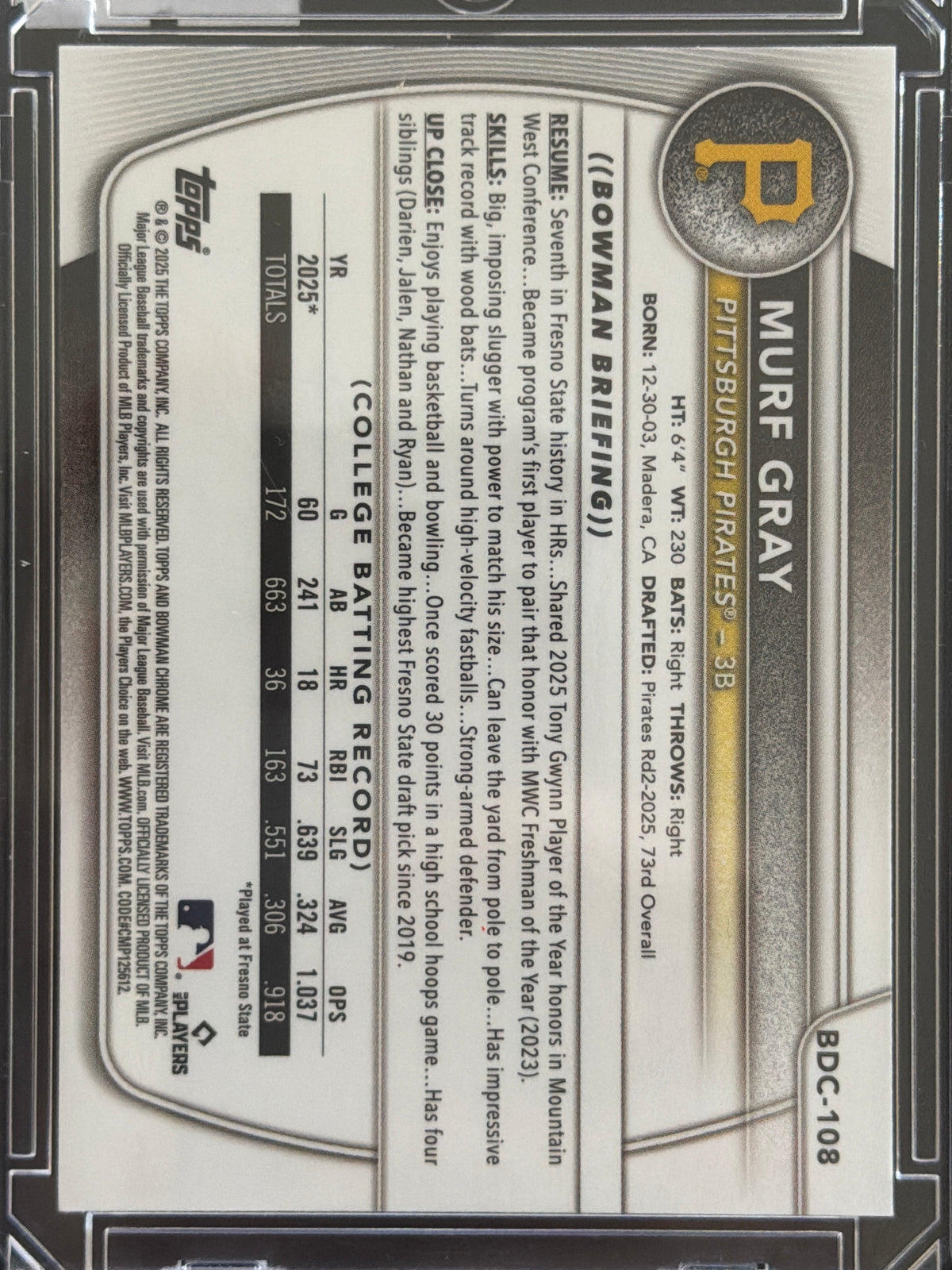 2026 Bowman Chrome Murf Gray #BDC-108 Yellow Refractor /75