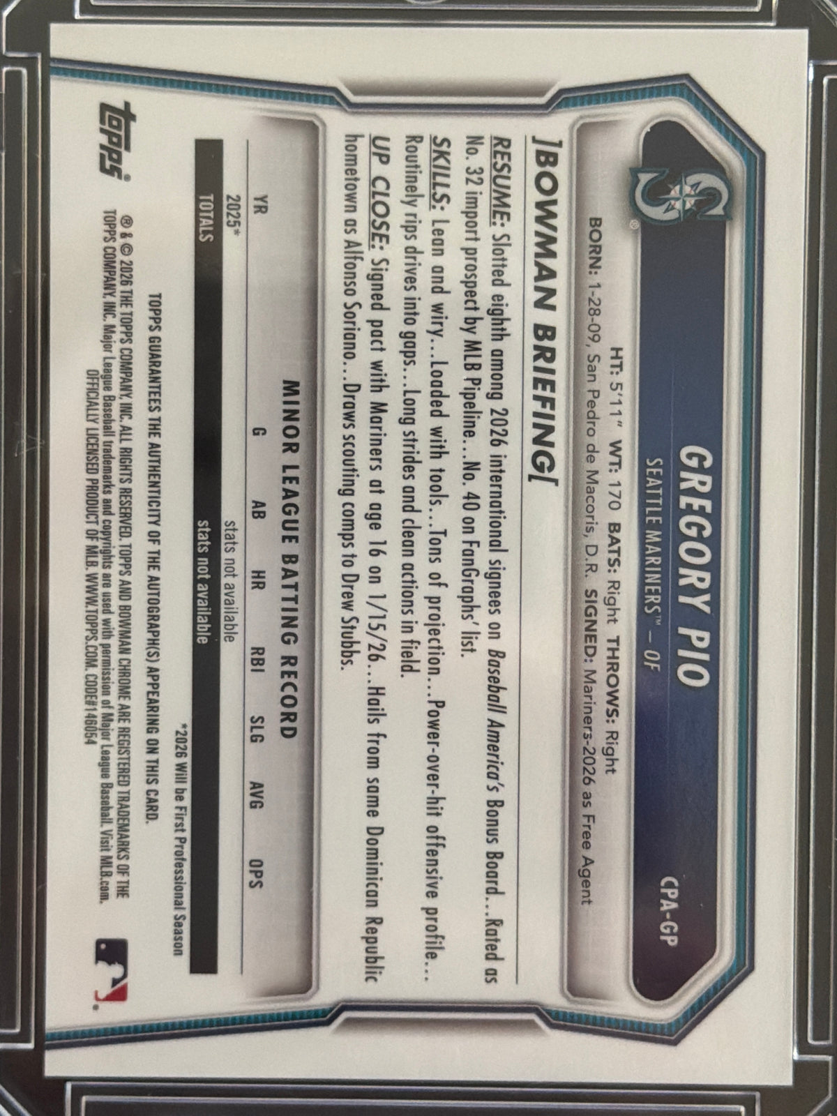 2026 Bowman Chrome Gregory Pio #CPA-GP Blue /150