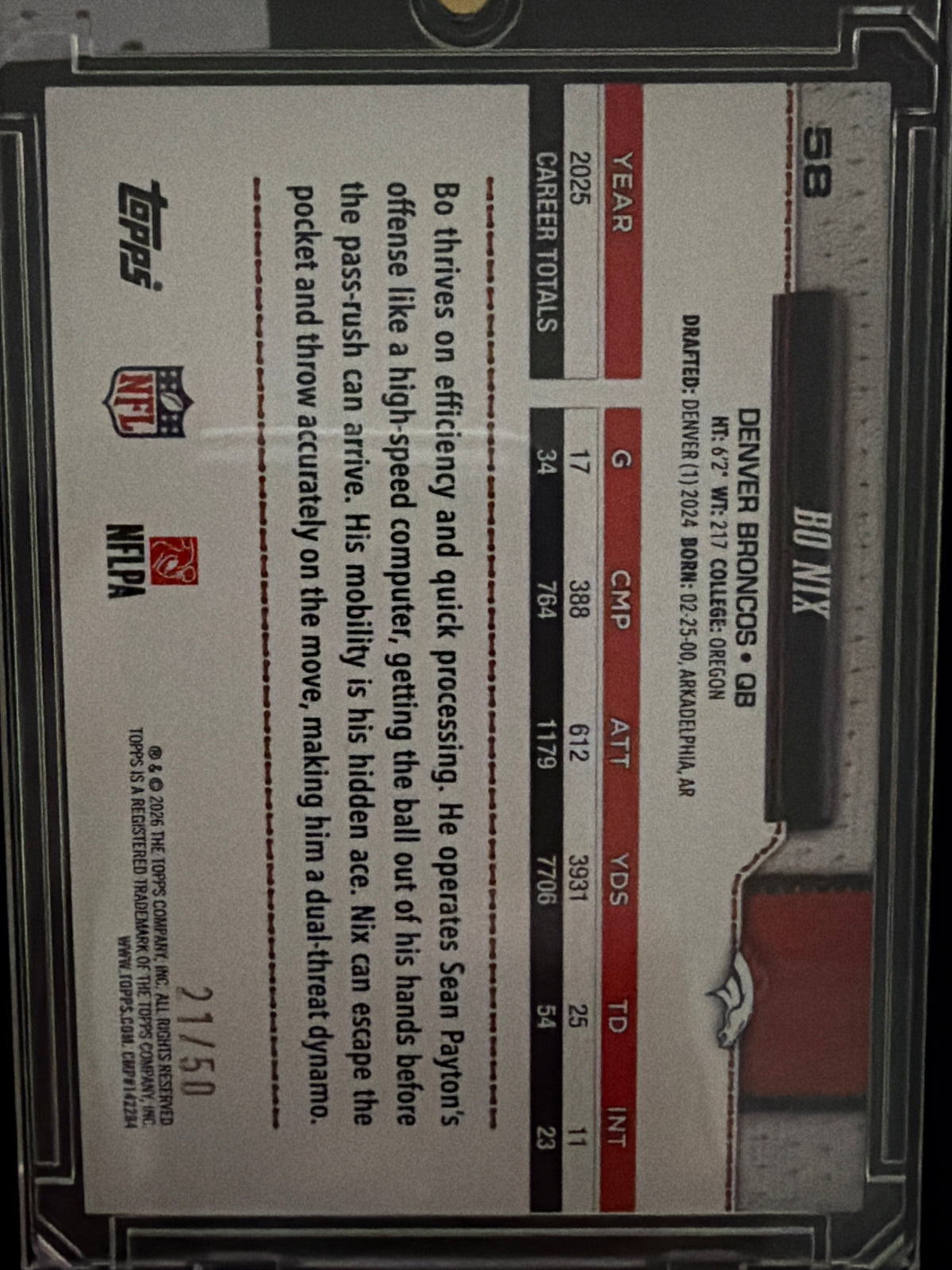 2026 Topps Football Bo Nix #58 Gold Foil /50