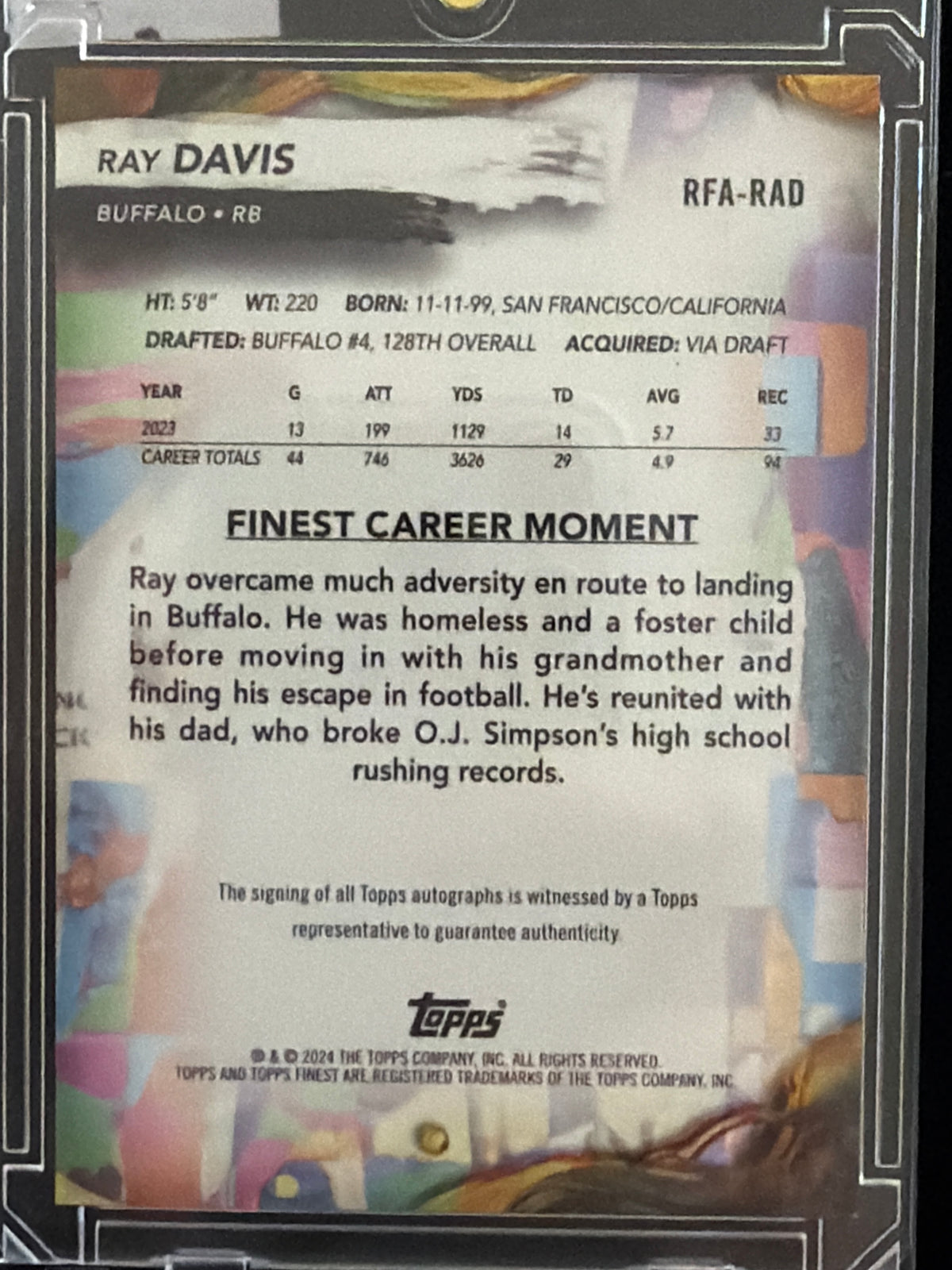 2024 Topps Finest Football Ray Davis #RFA-RAD /10 RC