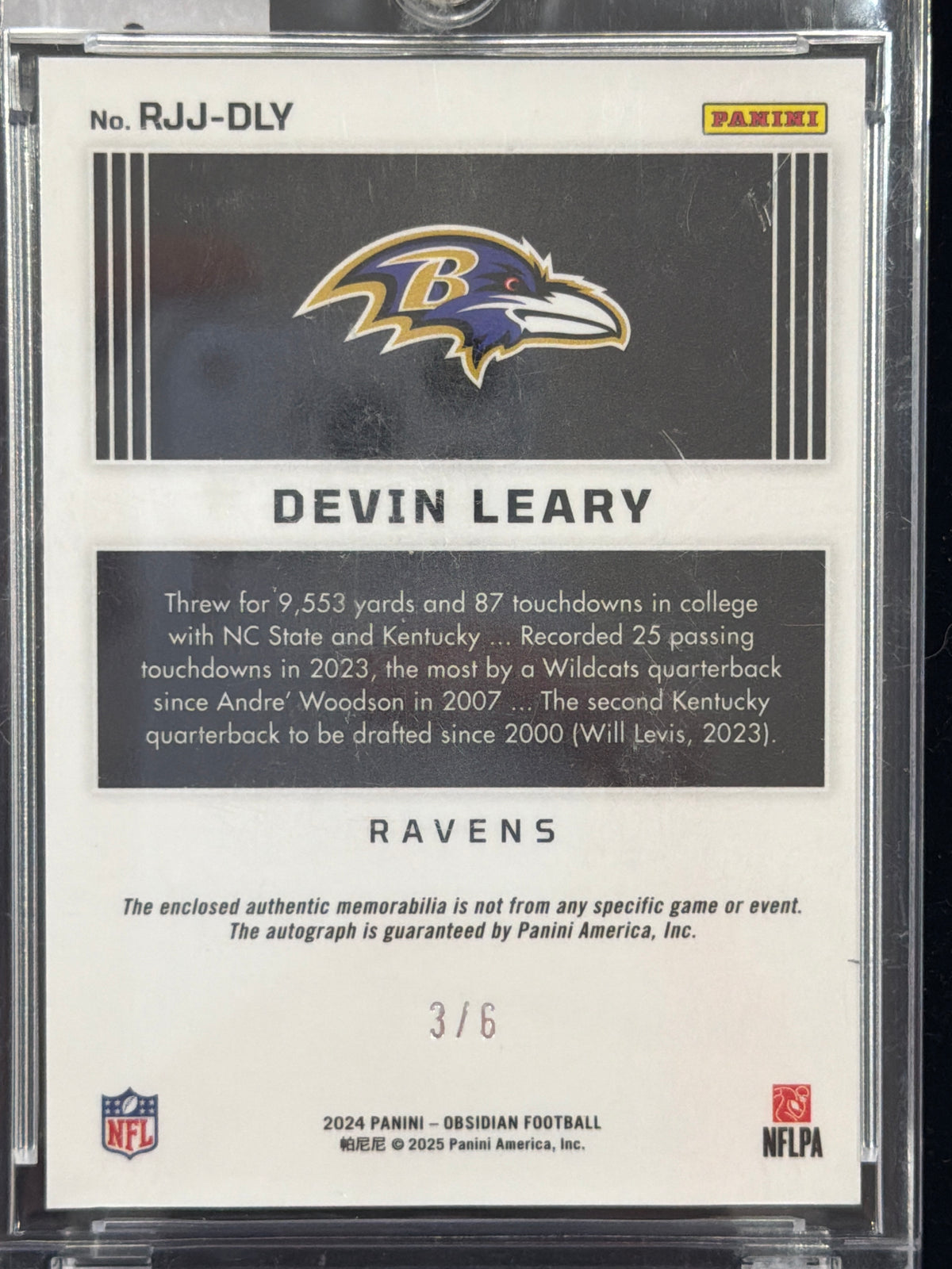 2025 Panini Obsidian Devin Leary #RJJ-DLY /6 Autograph Patch RC Memorabilia