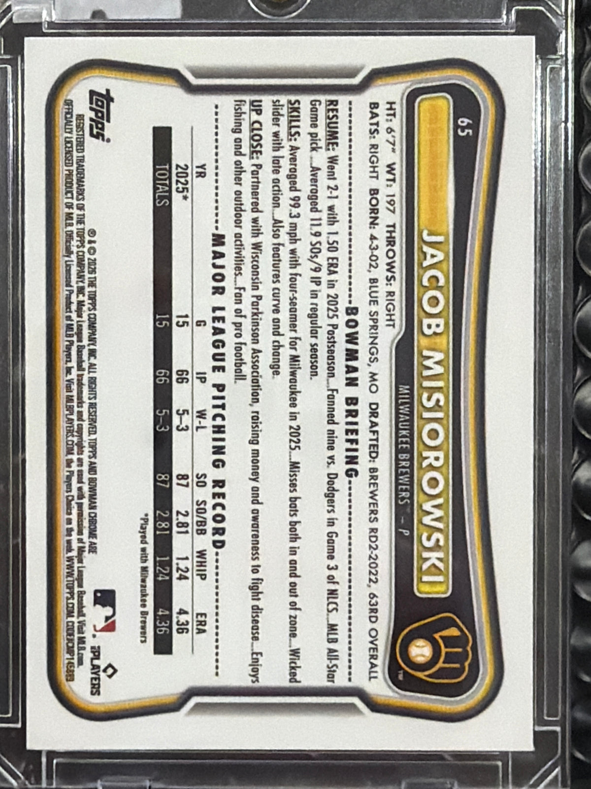 2026 Bowman Chrome Jacob Misiorowski #65 Yellow Refractor /75 RC
