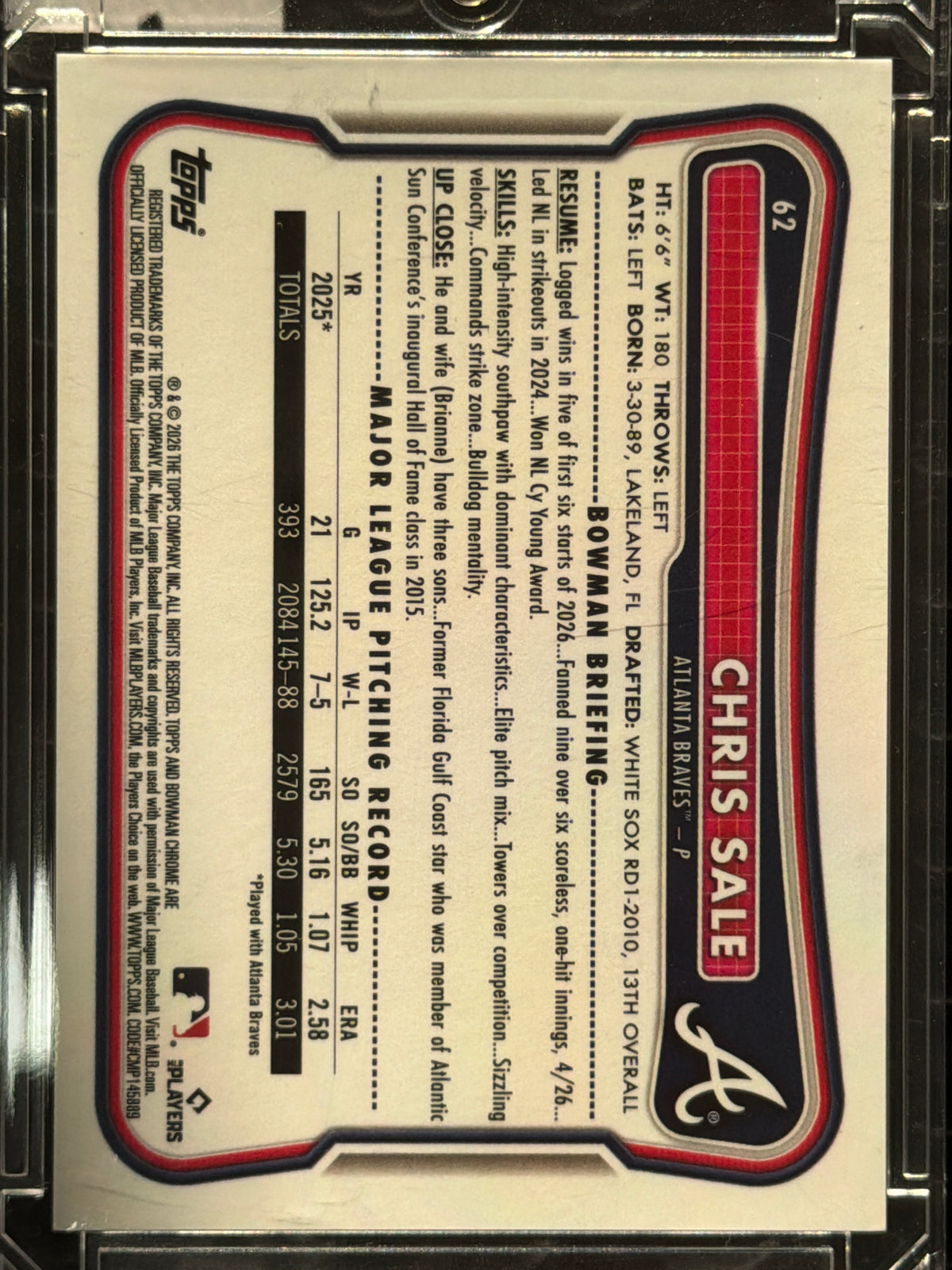 2026 Bowman Chrome Chris Sale #62 Gold Refractor /50
