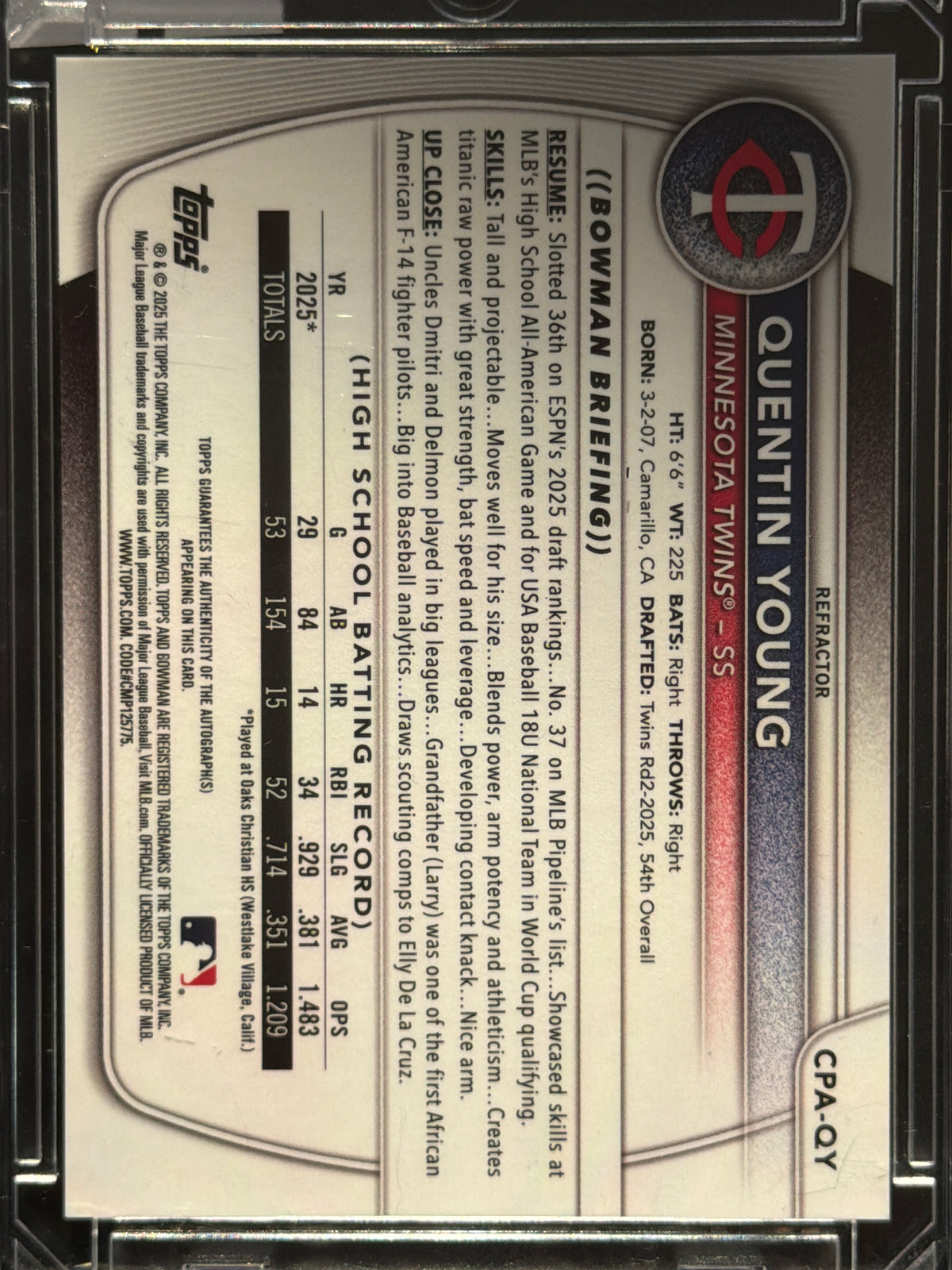 2025 Bowman Chrome Quentin Young #CPA-QY Refractor /499