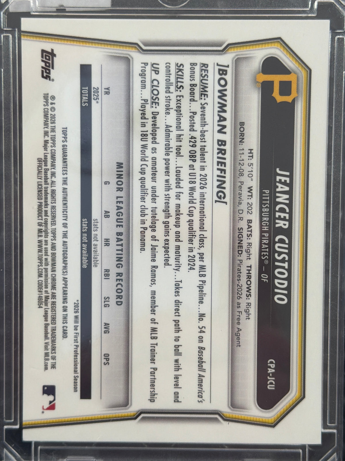 2026 Bowman Chrome Jeancer Custodio #CPA-JCU Blue Mojo Refractor /150