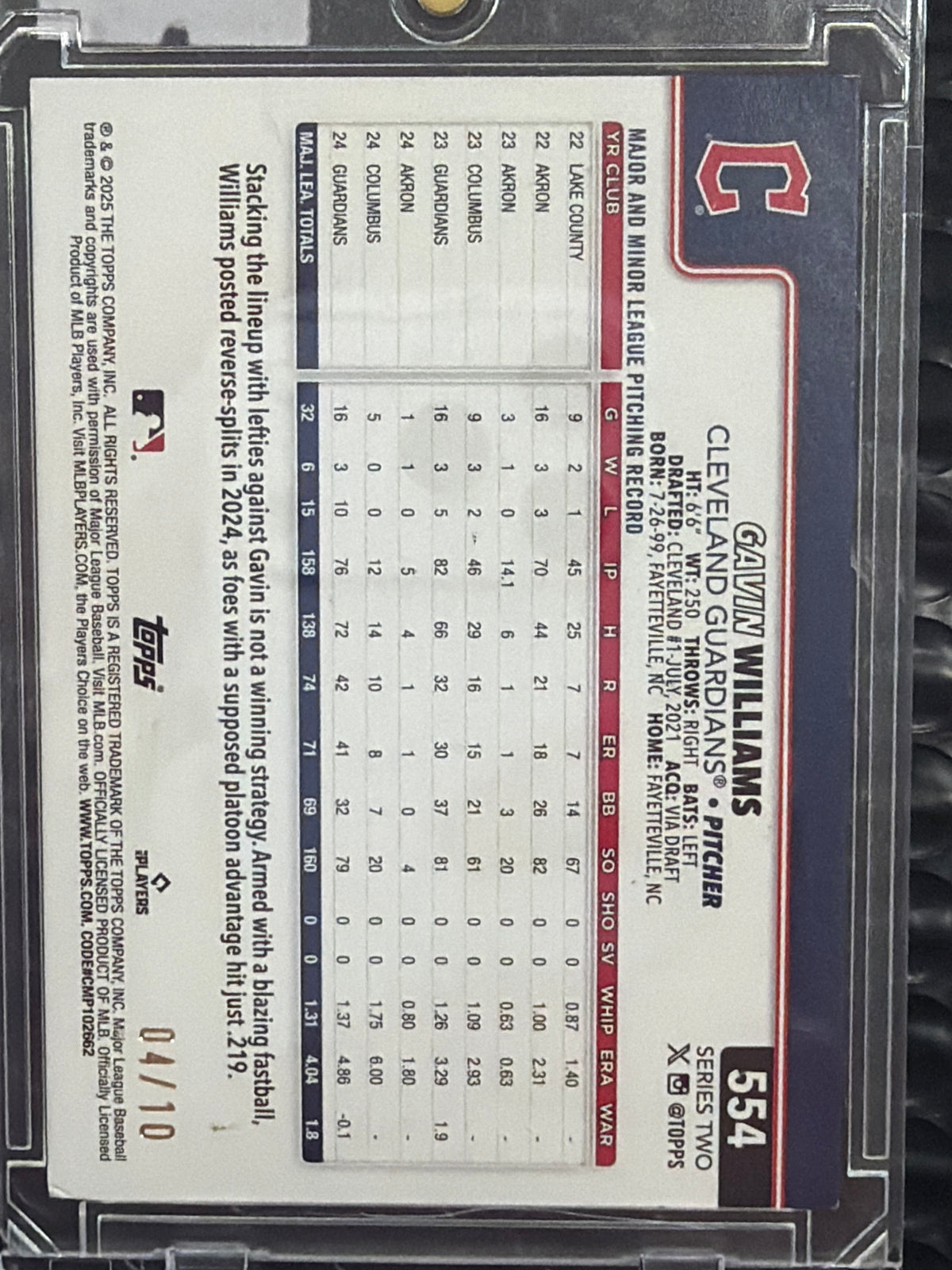 2025 Topps Series Two Gavin Williams #554 Future Stars /10