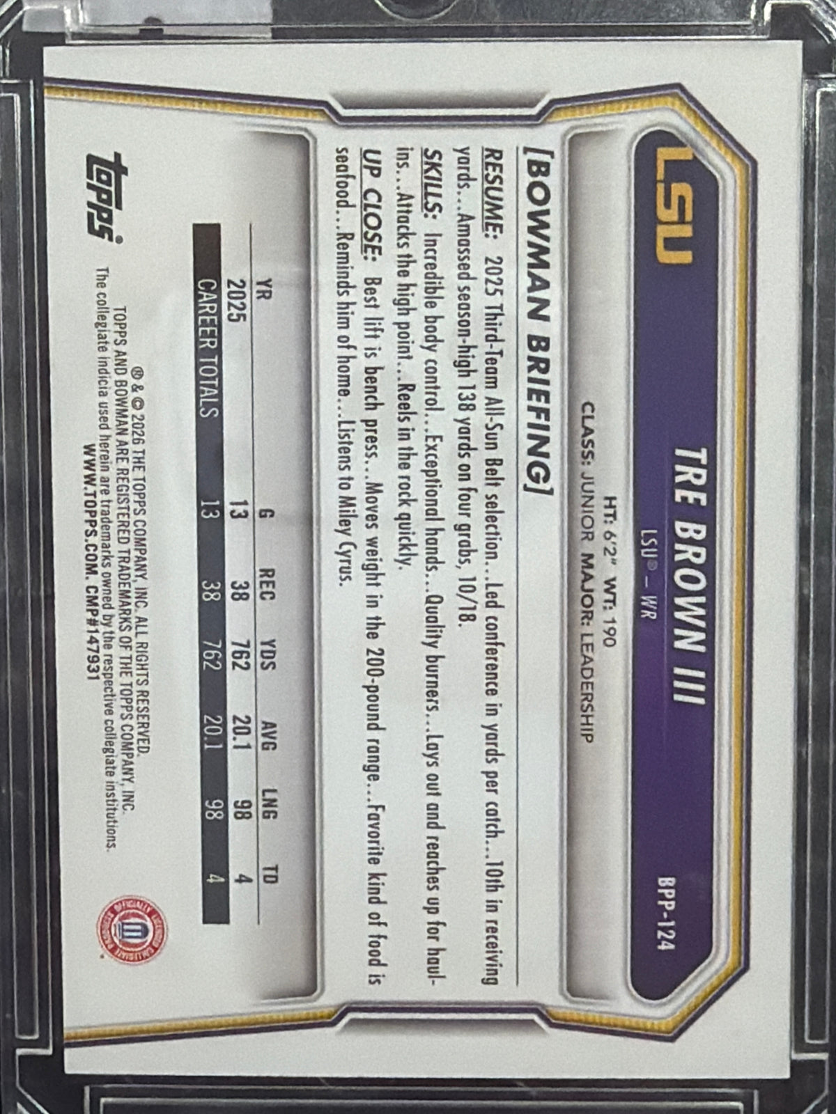 2026 Bowman University Chrome Football Tre Brown III #BPP-124 Orange Refractor